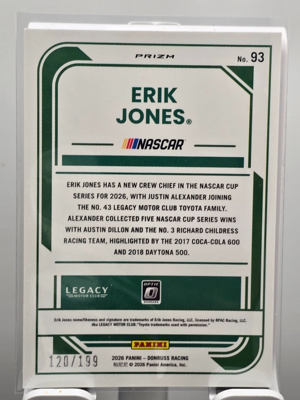 2026 Donruss NASCAR Optic Racing - #93 Erik Jones - Red Velocity /199