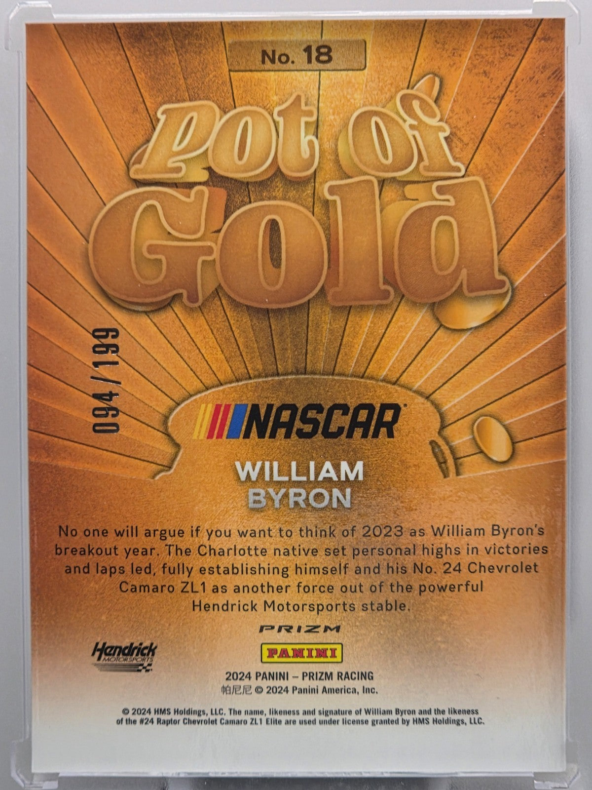 2024 Panini Prizm - William Byron - Pot of Gold Red /199  - #18 - Buy 3 Get 1