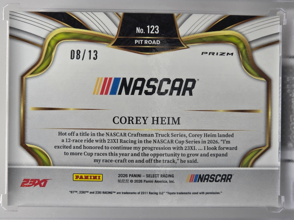 2026 Select Racing - Corey Heim - Pit Road FOTL /13 - Gold Power Prizm #123