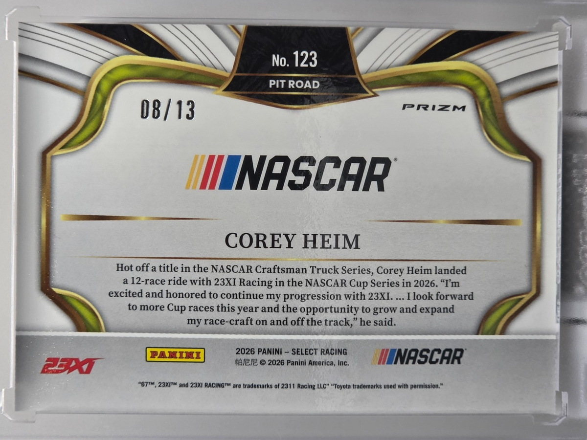 2026 Select Racing - Corey Heim - Pit Road FOTL /13 - Gold Power Prizm #123
