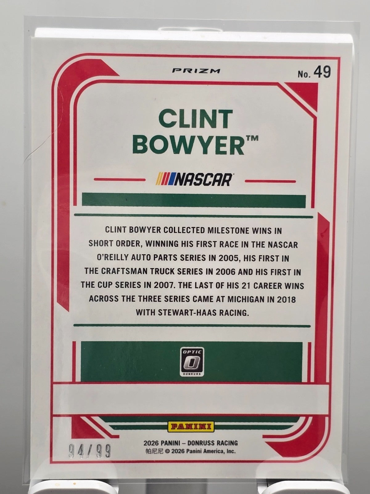 2026 Donruss NASCAR Optic Racing - #49 Clint Bowyer - Green Velocity /99