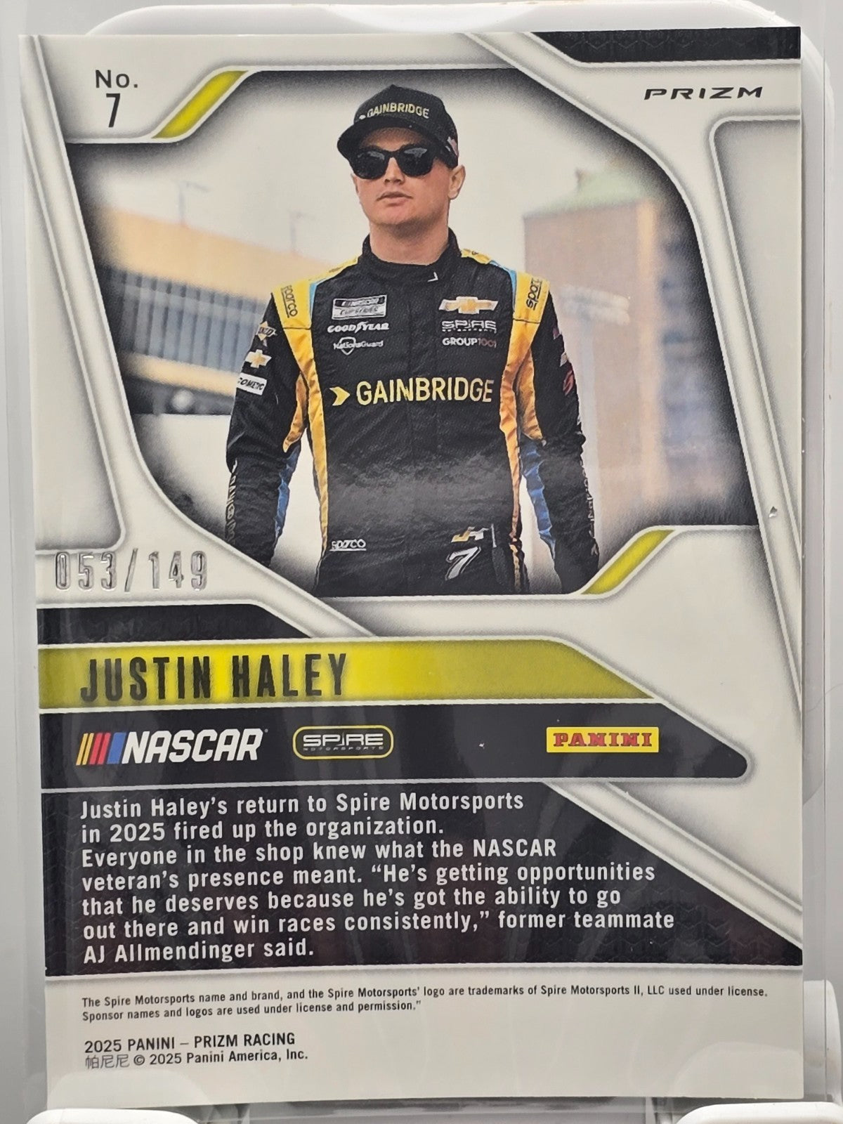 2025 Prizm Nascar Racing - #7 Justin Haley - Green Scope Prizm /149