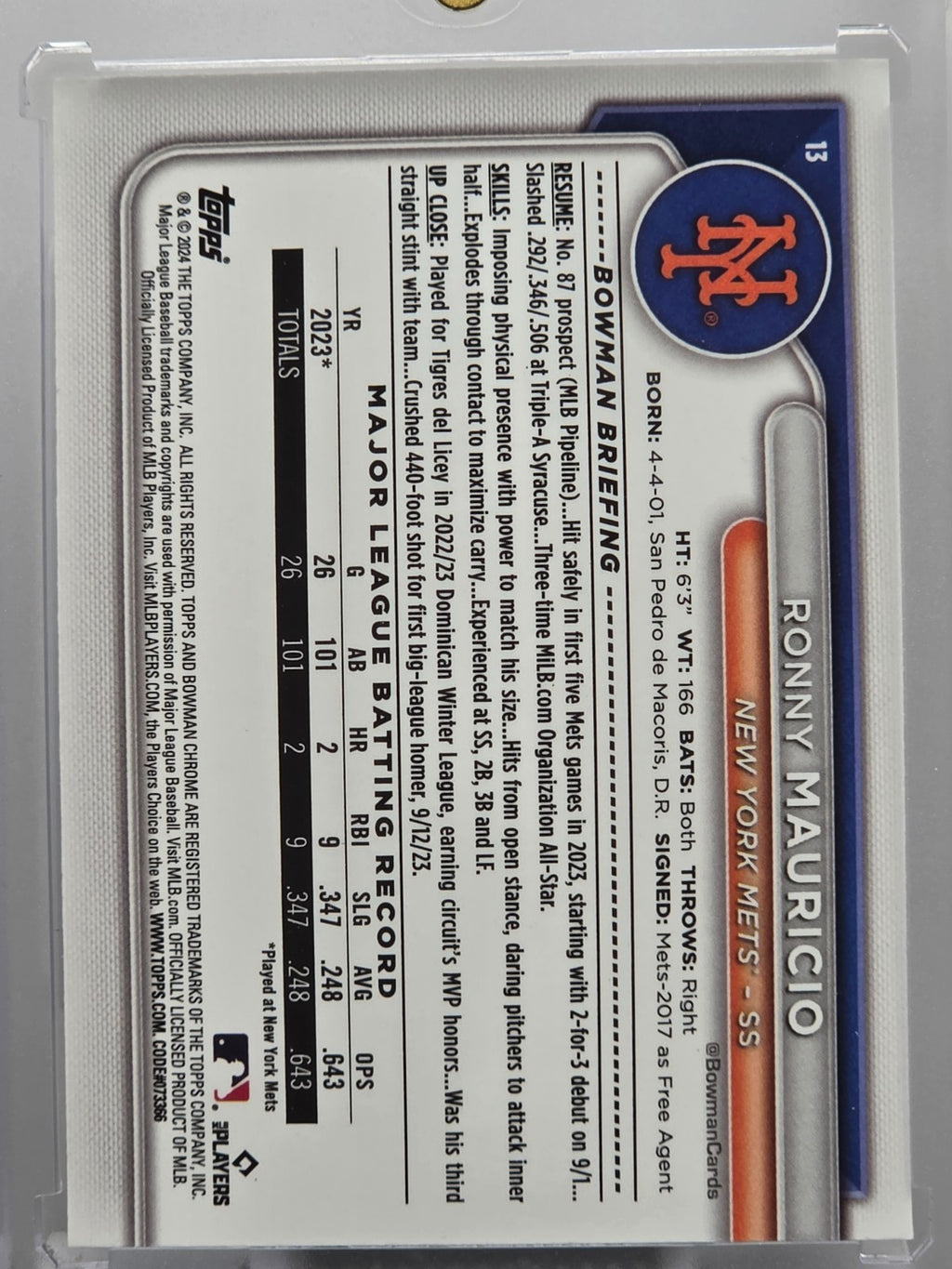 2024 Bowman Chrome - Ronny Mauricio (RC) - Mojo Refractor - #13