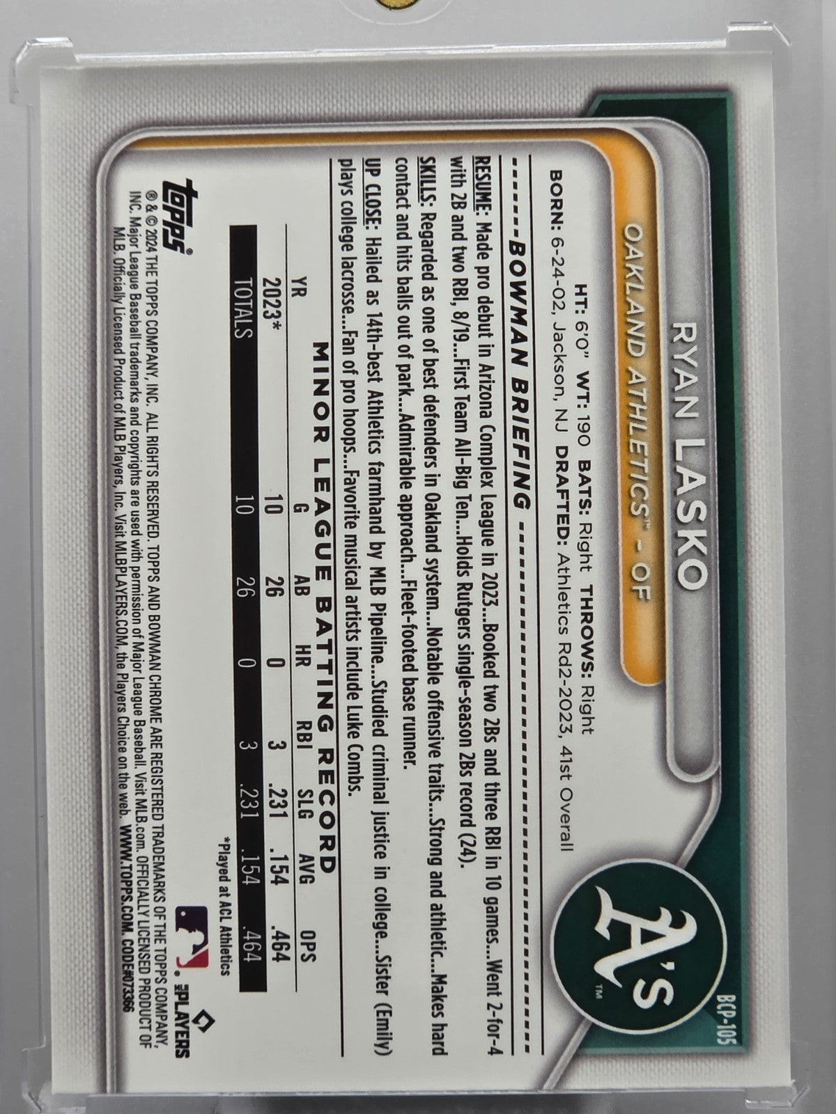 2024 Bowman - Ryan Lasko - Mojo Refractor - #BCP-105