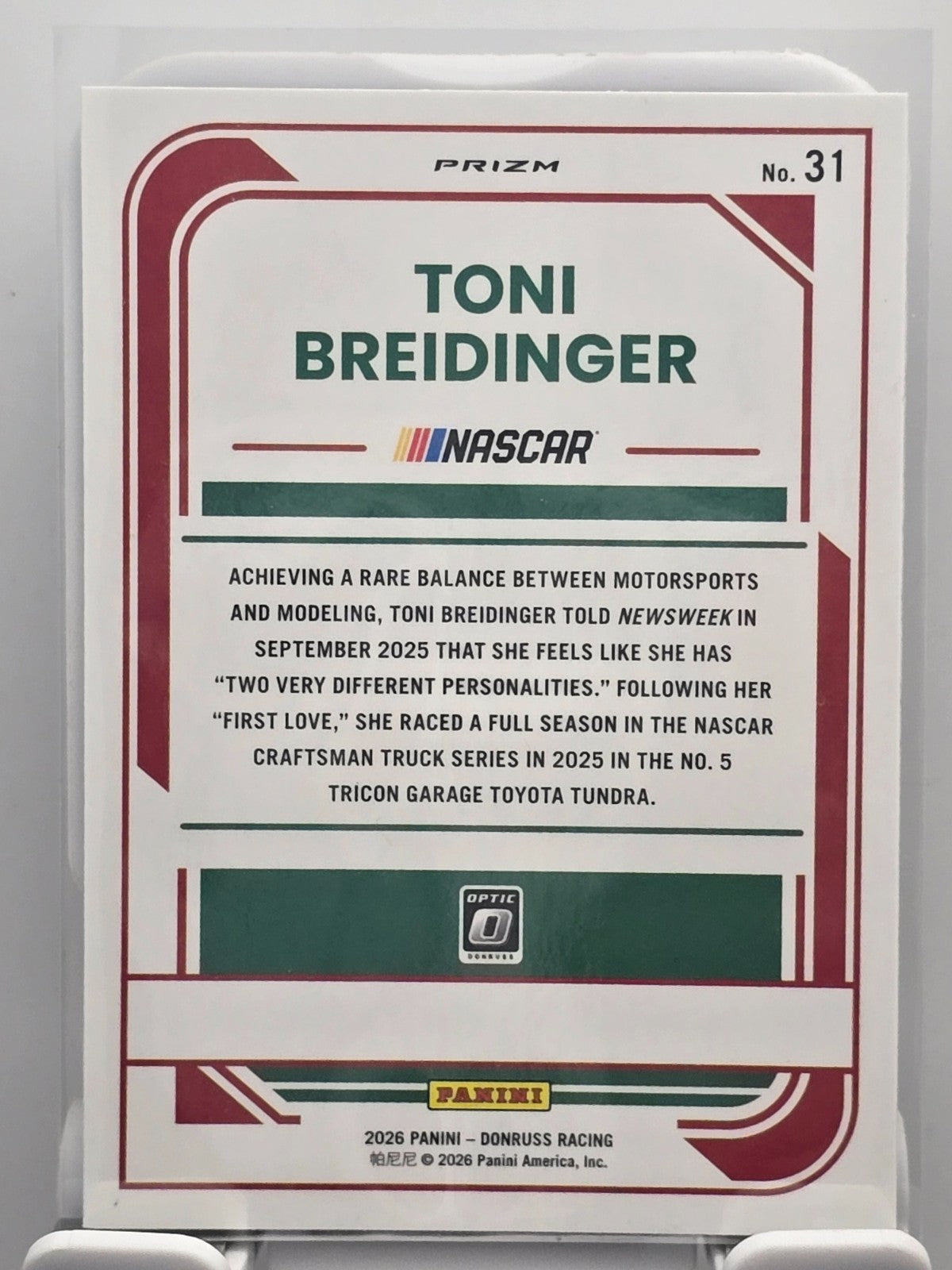 2026 Donruss OPTIC NASCAR Racing - #31 Toni Breidinger - Holo/Silver