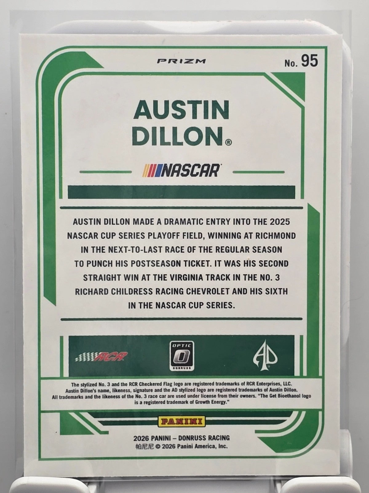 2026 Donruss OPTIC NASCAR Racing - #95 Austin Dillon - Blue Velocity