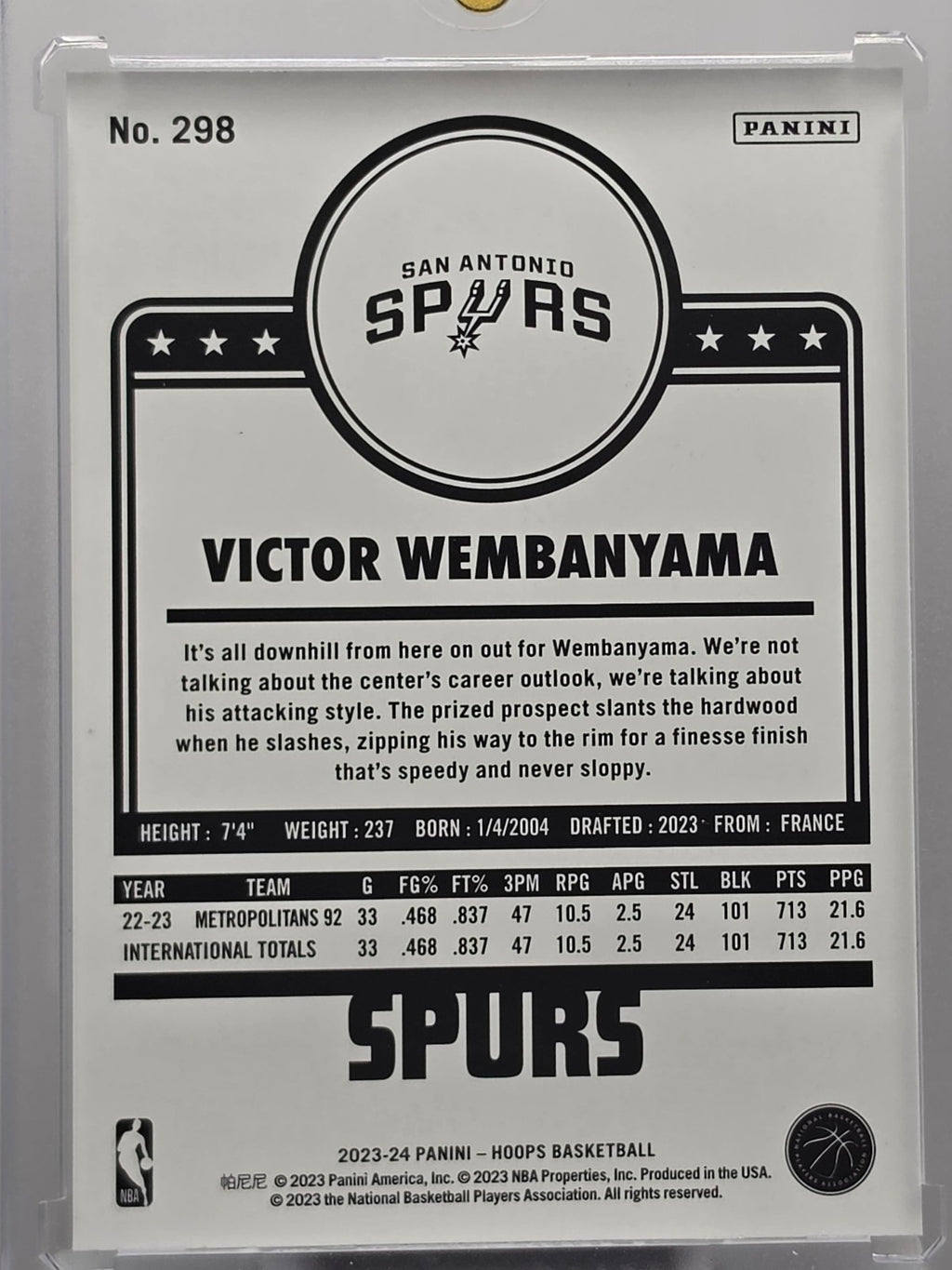 Panini 2023-24 NBA Hoops Rookies Victor Wembanyama #277 San Antonio Spurs