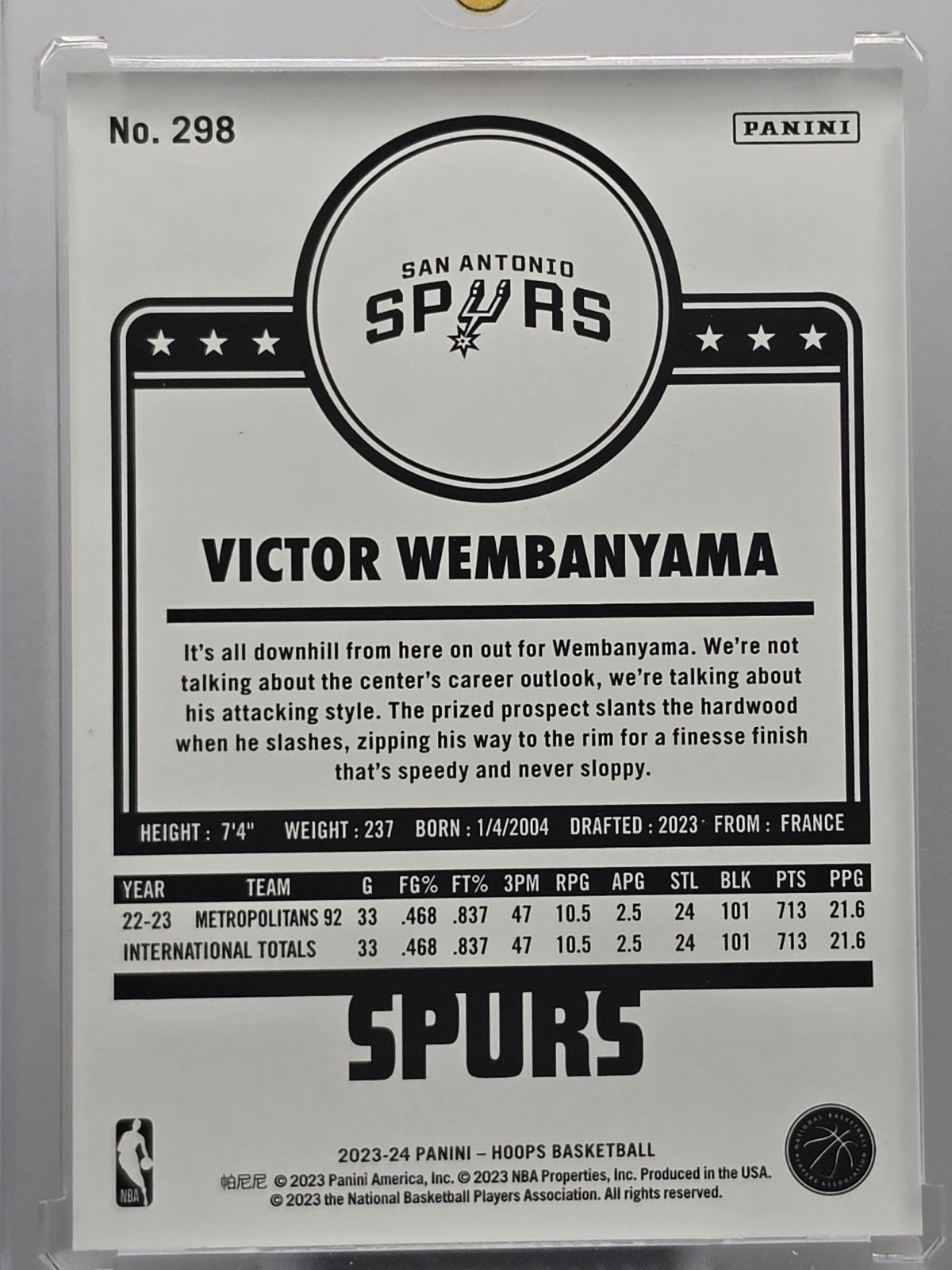 Panini 2023-24 NBA Hoops Rookies Victor Wembanyama #277 San Antonio Spurs