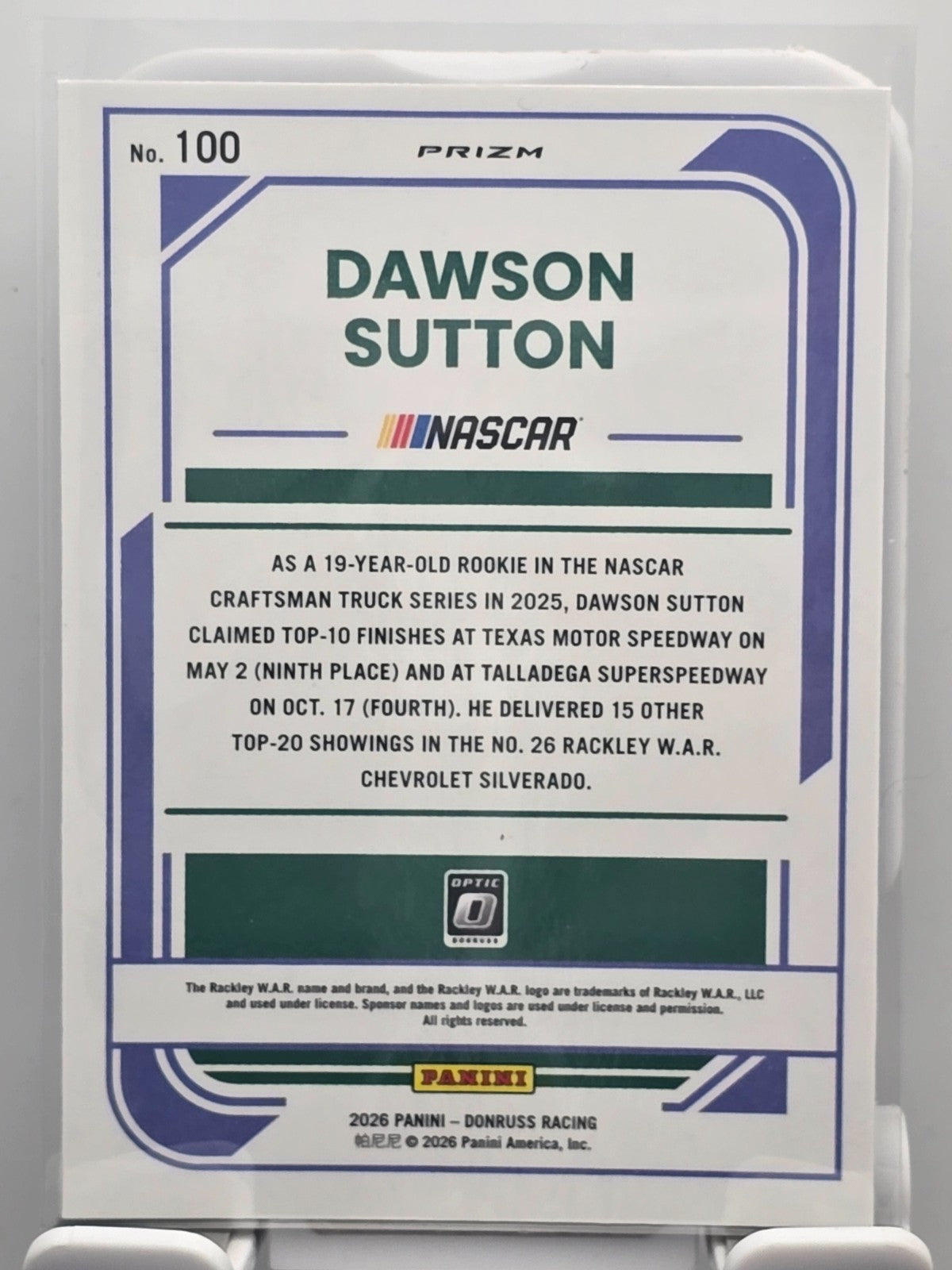 2026 Donruss OPTIC NASCAR Racing - #100 Dawson Sutton RC - Holo/Silver