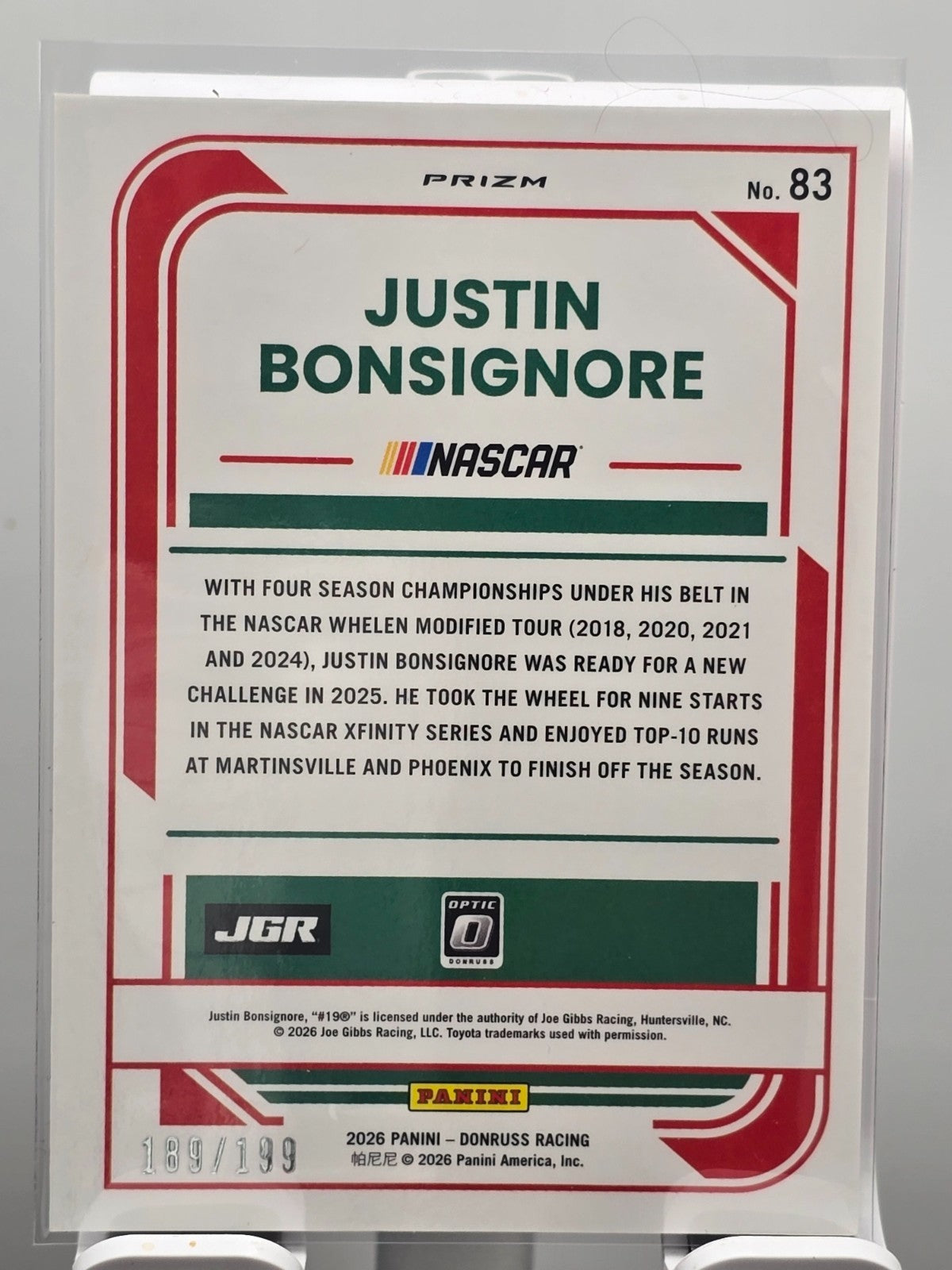 2026 Donruss NASCAR Optic Racing - #83 Justin Bonsignore - Red Velocity /199