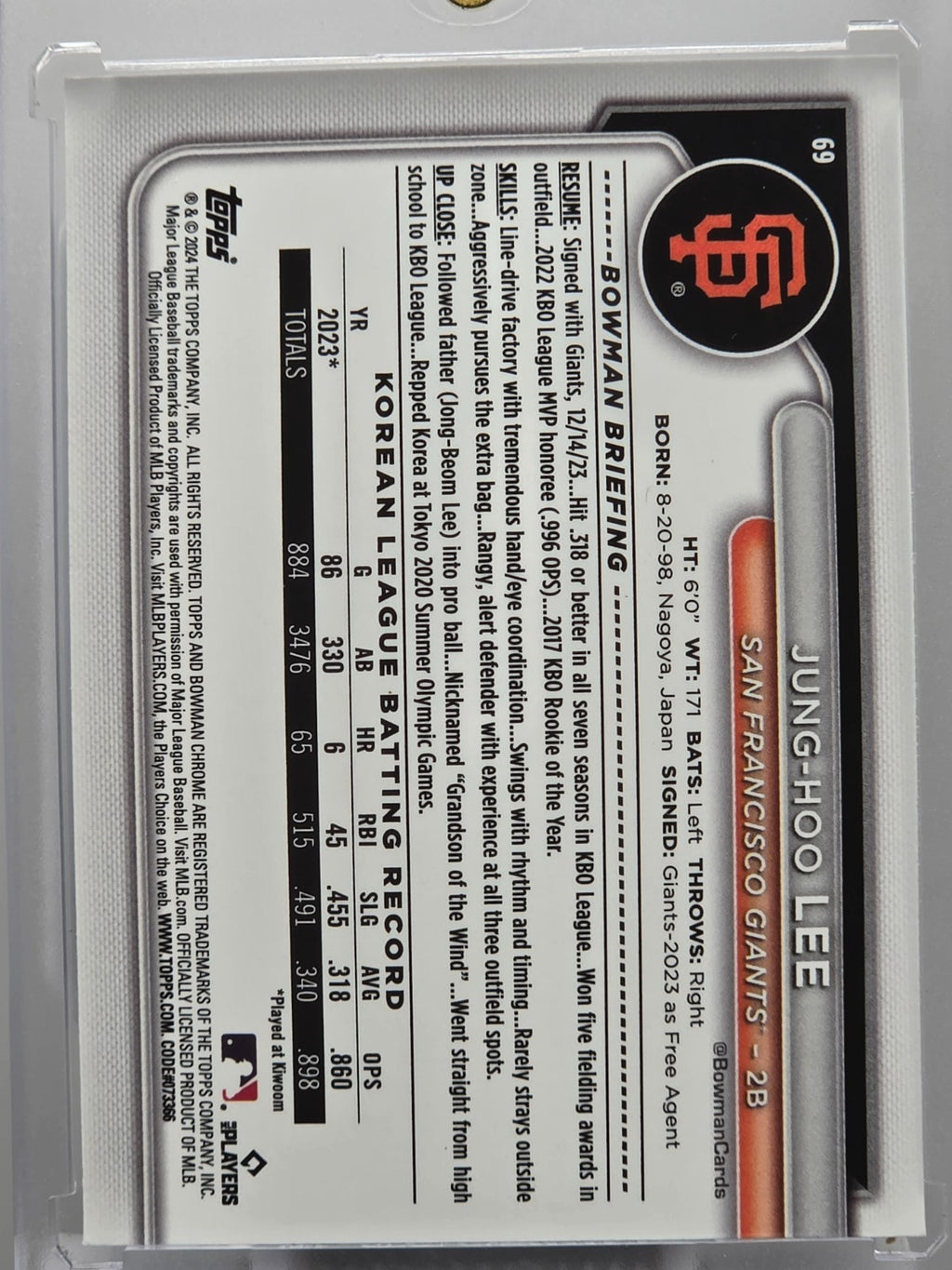 2024 Bowman Chrome - Jung-Hoo Lee (RC) - Mojo Refractor - #69