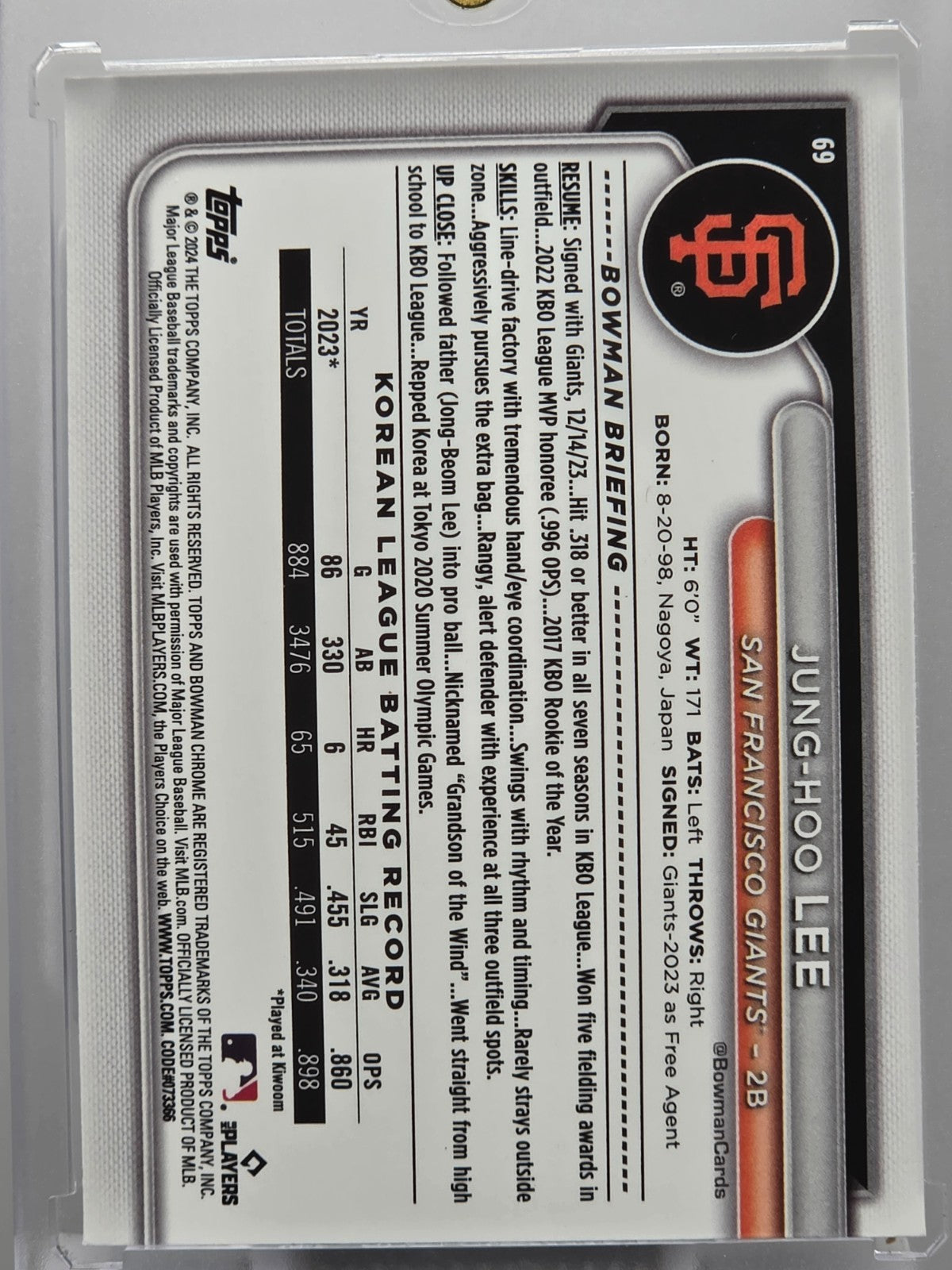 2024 Bowman Chrome - Jung-Hoo Lee (RC) - Mojo Refractor - #69