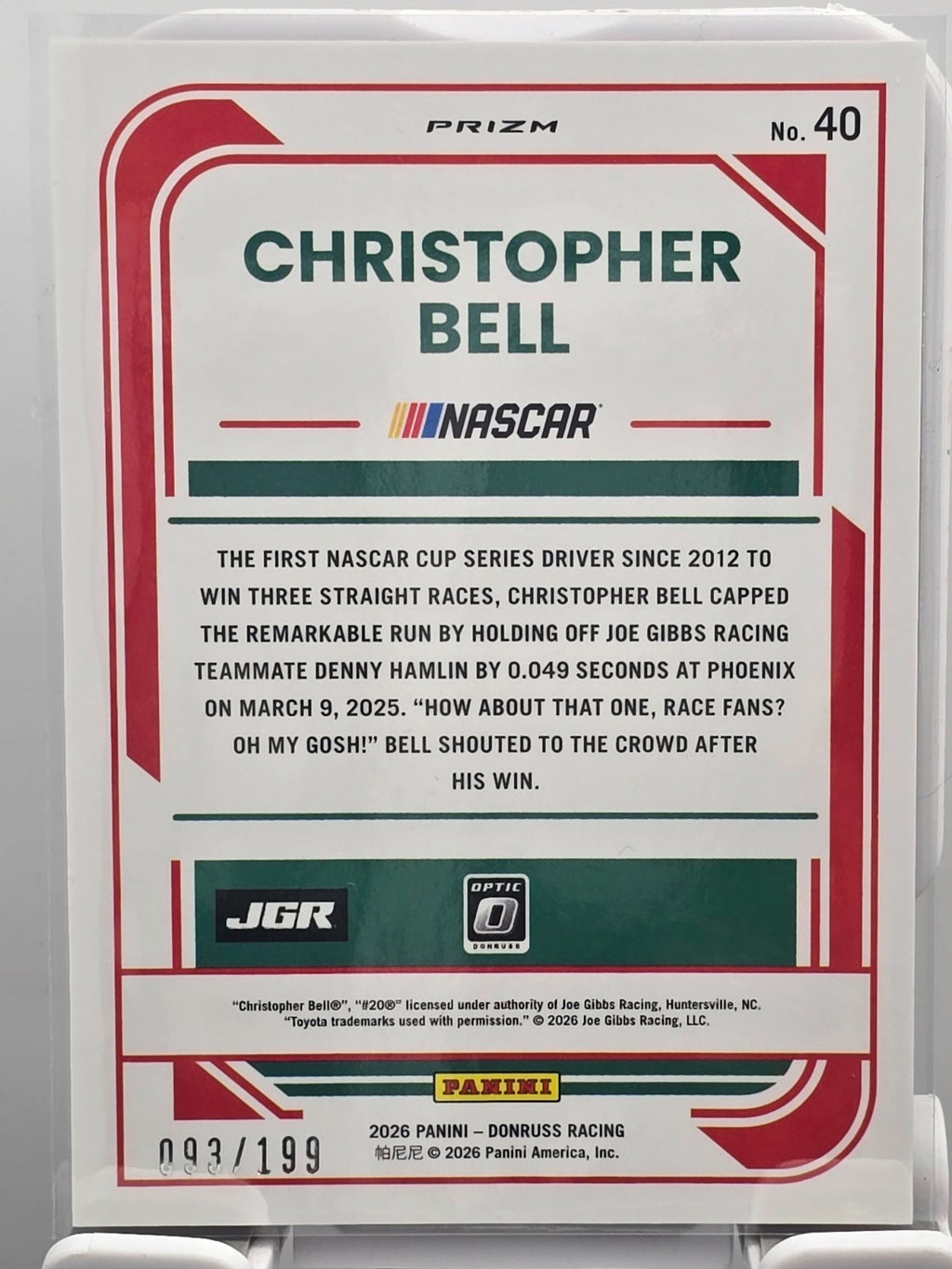 2026 Donruss NASCAR Optic Racing - #40 Christopher Bell - Red Velocity /199