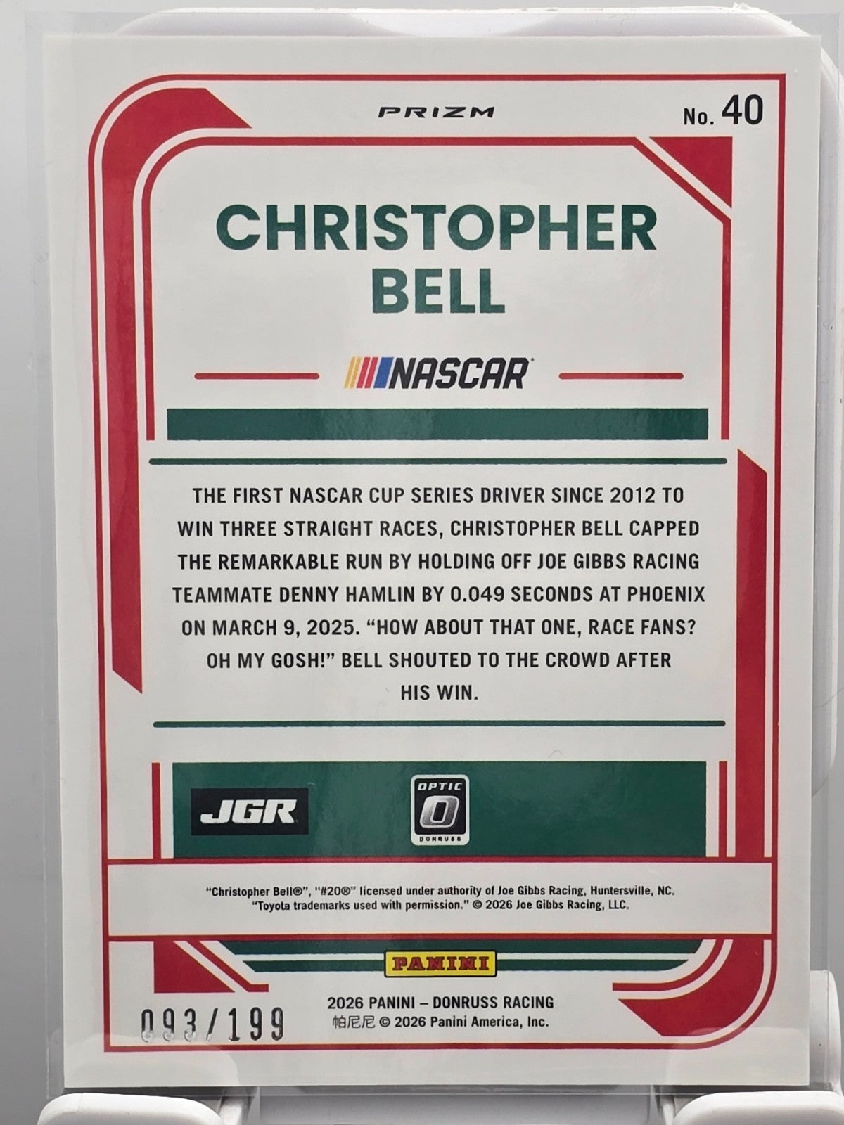 2026 Donruss NASCAR Optic Racing - #40 Christopher Bell - Red Velocity /199