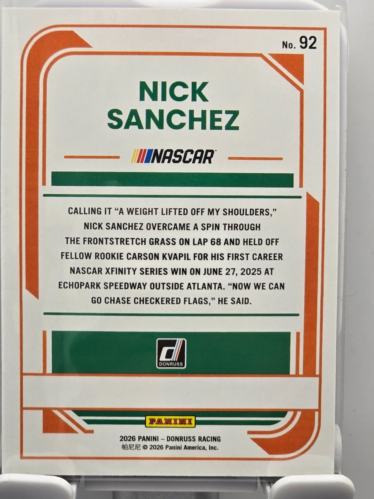 2026 Donruss NASCAR Racing - #92 Nick Sanchez - Blue Base /199
