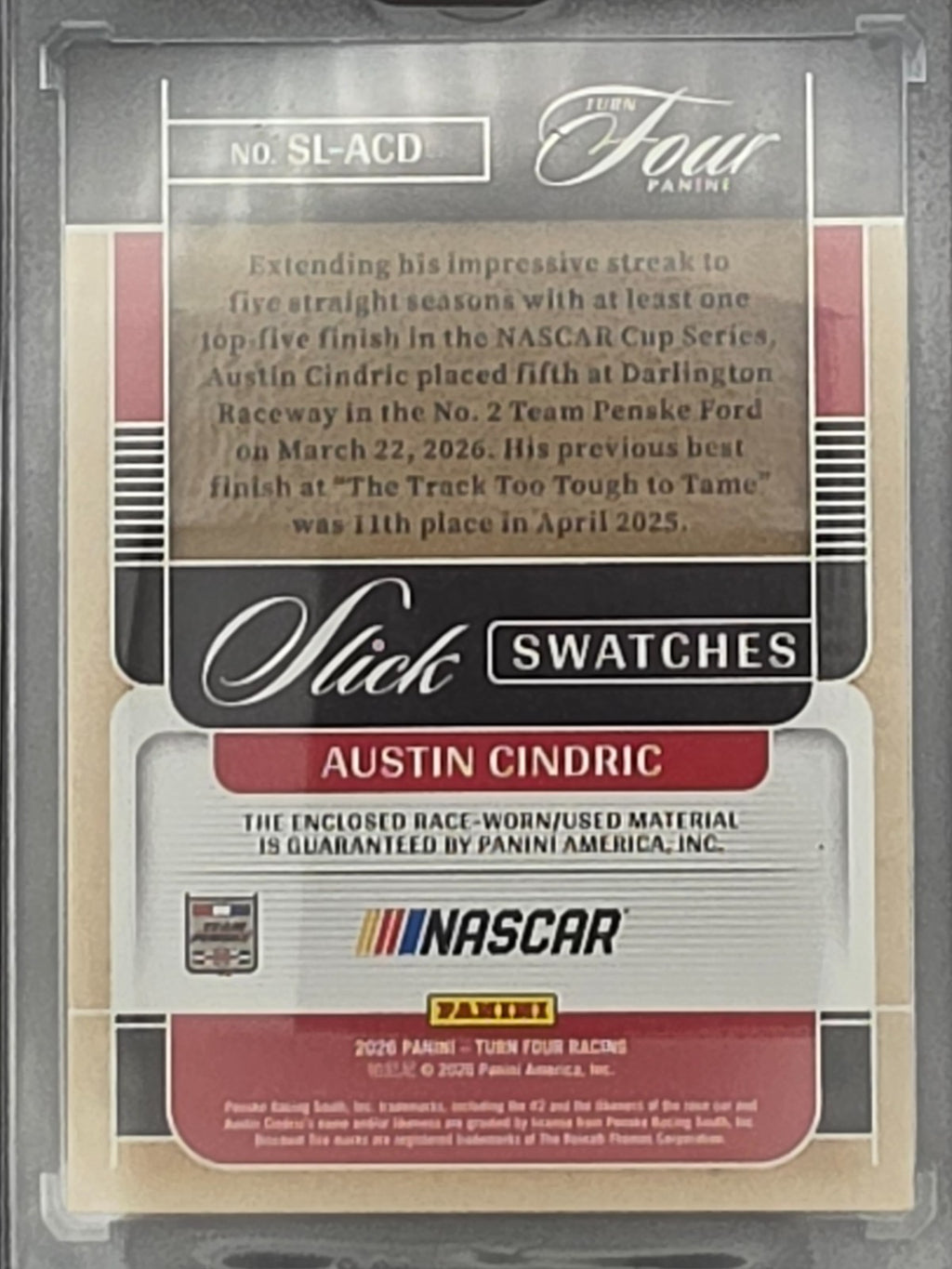 2026 Panini Turn Four Racing - Austin Cindric - Slick Swatches - #SL-ASD /99