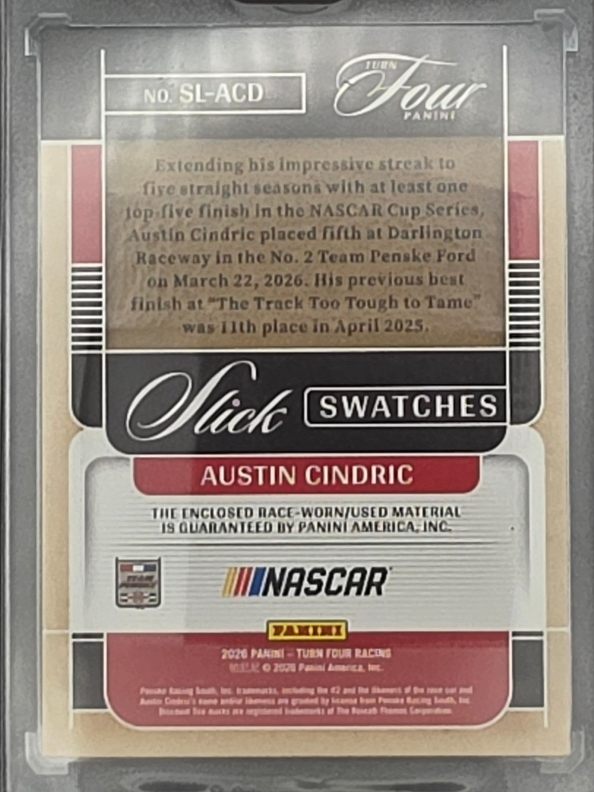 2026 Panini Turn Four Racing - Austin Cindric - Slick Swatches - #SL-ASD /99