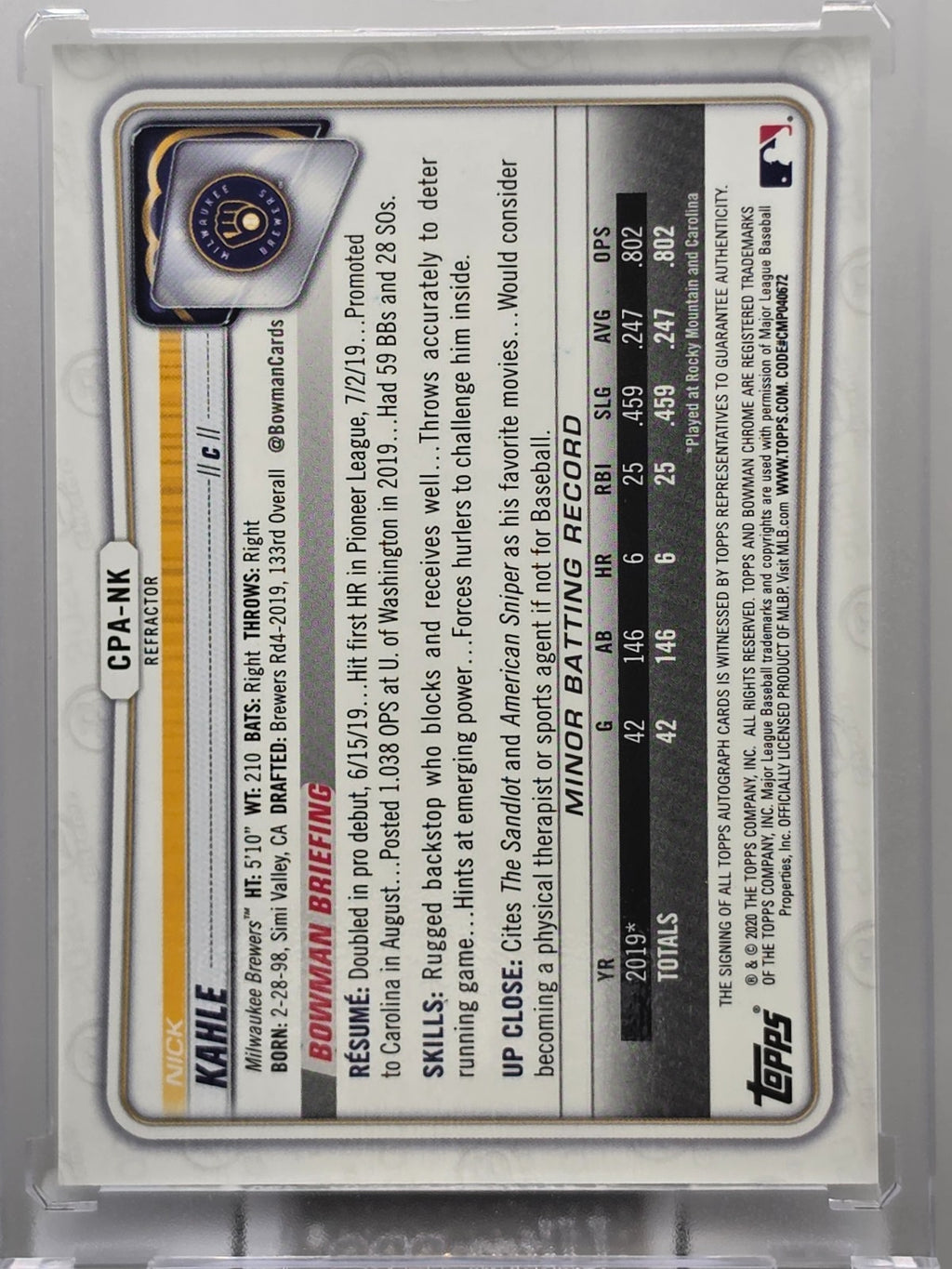 2020 Bowman Chrome - Nick Kahle  - Logo Autograph /499 - #CPA-NK