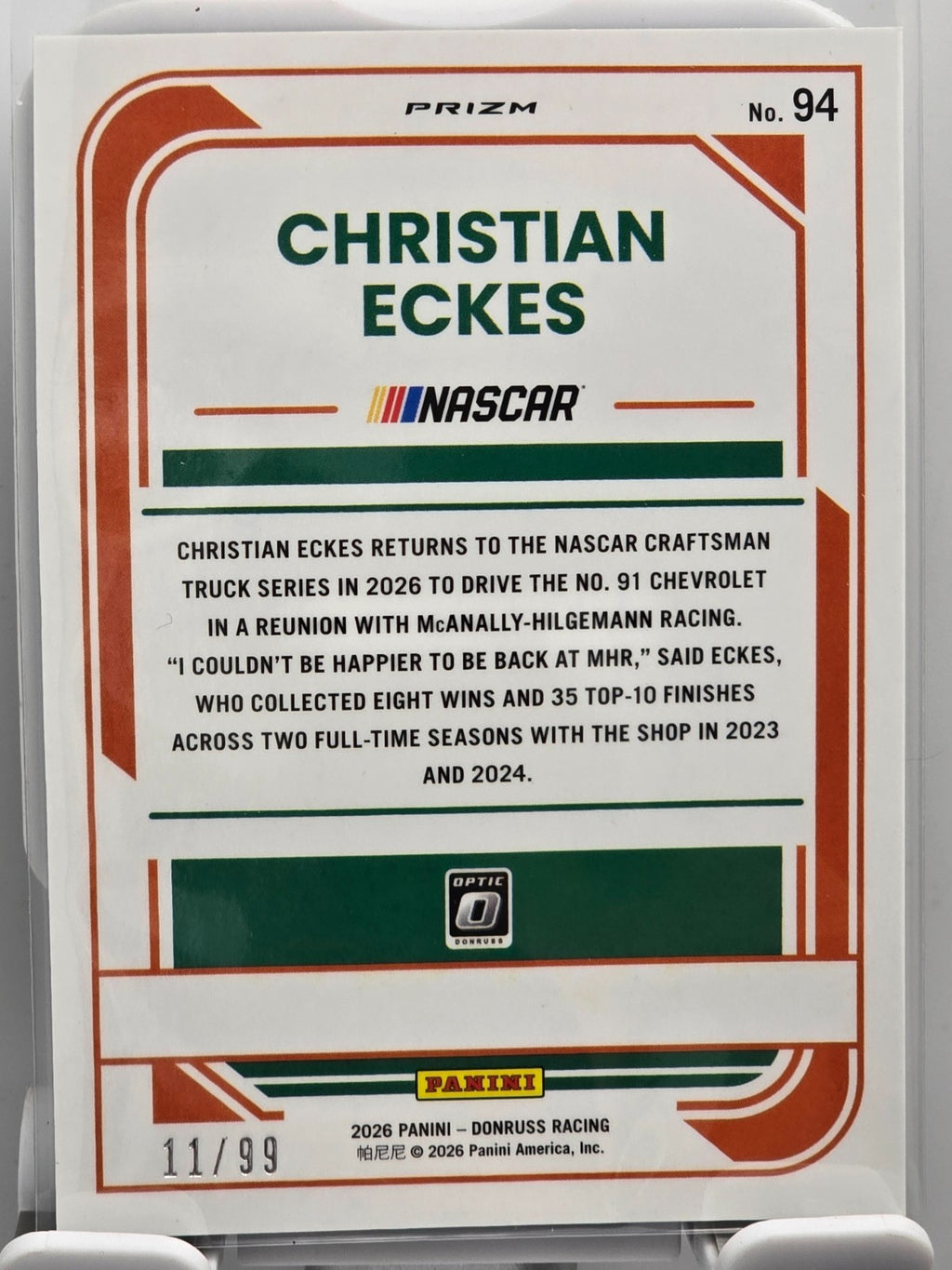 2026 Donruss NASCAR Optic Racing - #94 Christian Eckes - Green Velocity /99