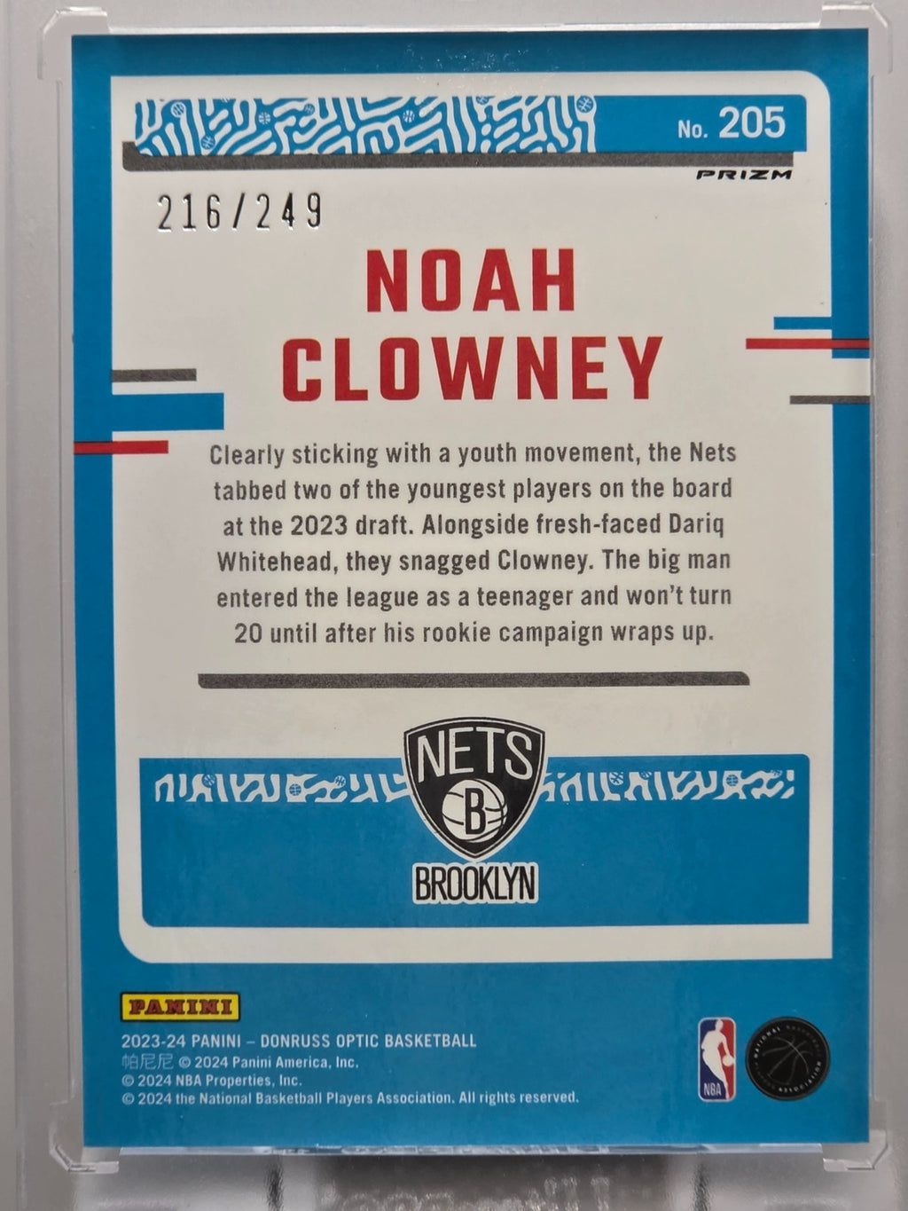 2023-24 Donruss Optic - Noah Clowney (RC) - Blue /249 - #205
