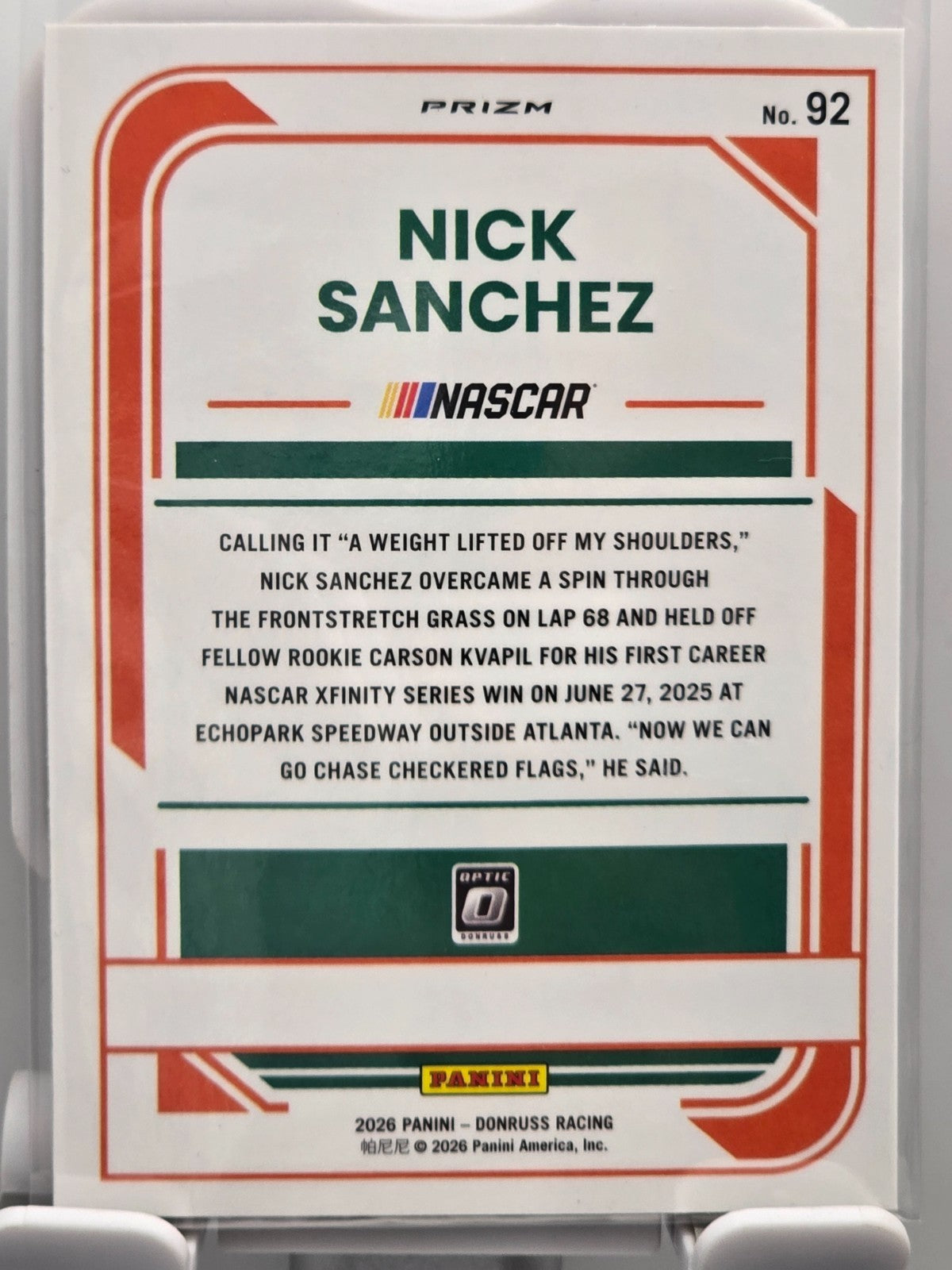 2026 Donruss OPTIC NASCAR Racing - #92 Nick Sanchez - Orange Velocity