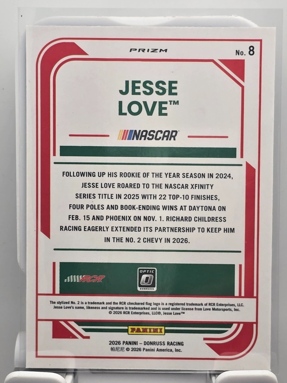 2026 Donruss OPTIC NASCAR Racing - #8 Jesse Love - Blue Velocity
