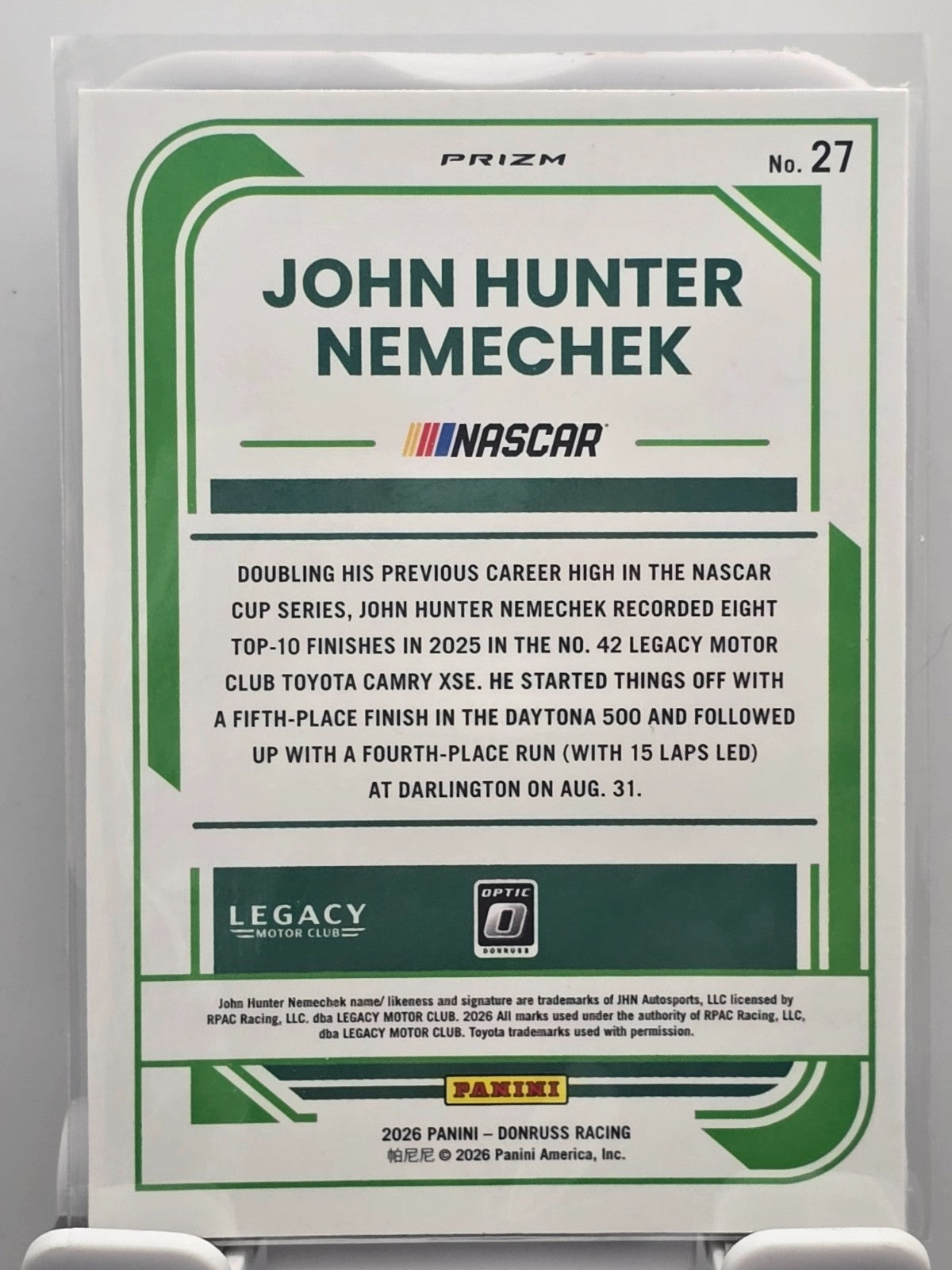 2026 Donruss OPTIC NASCAR Racing - #27 John Hunter Nemechek - Holo/Silver