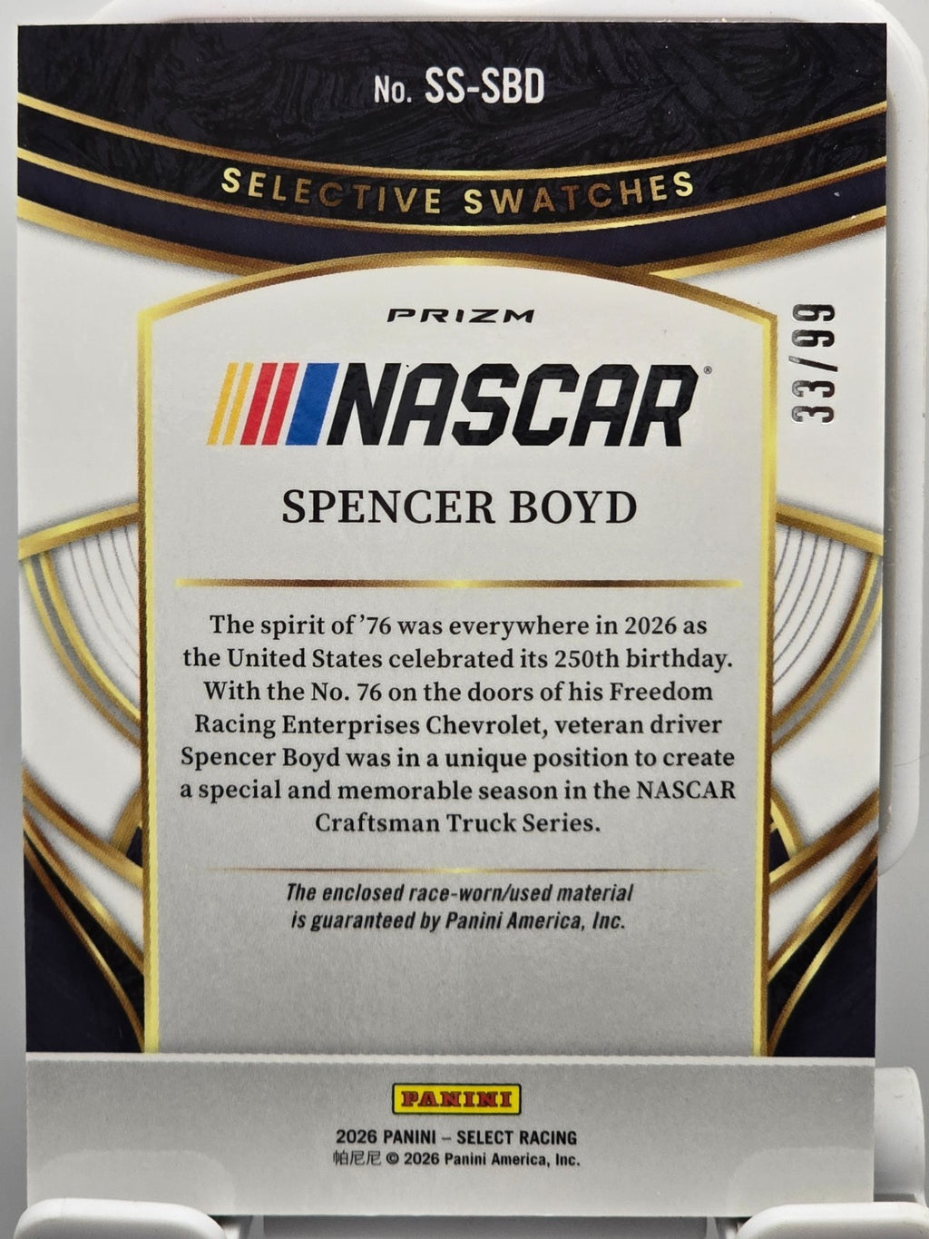 2026 Select Racing - #SS-SBD Spencer Boyd - Selective Swatches - Red /99