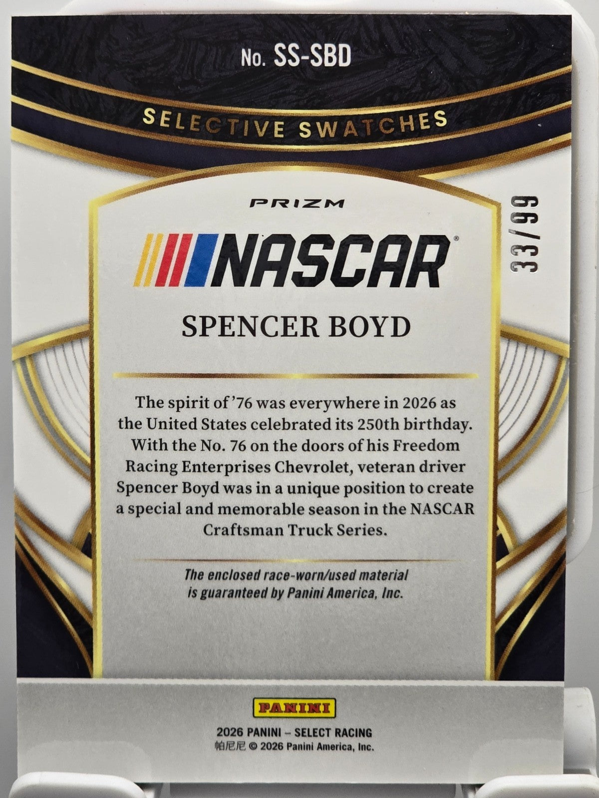 2026 Select Racing - #SS-SBD Spencer Boyd - Selective Swatches - Red /99