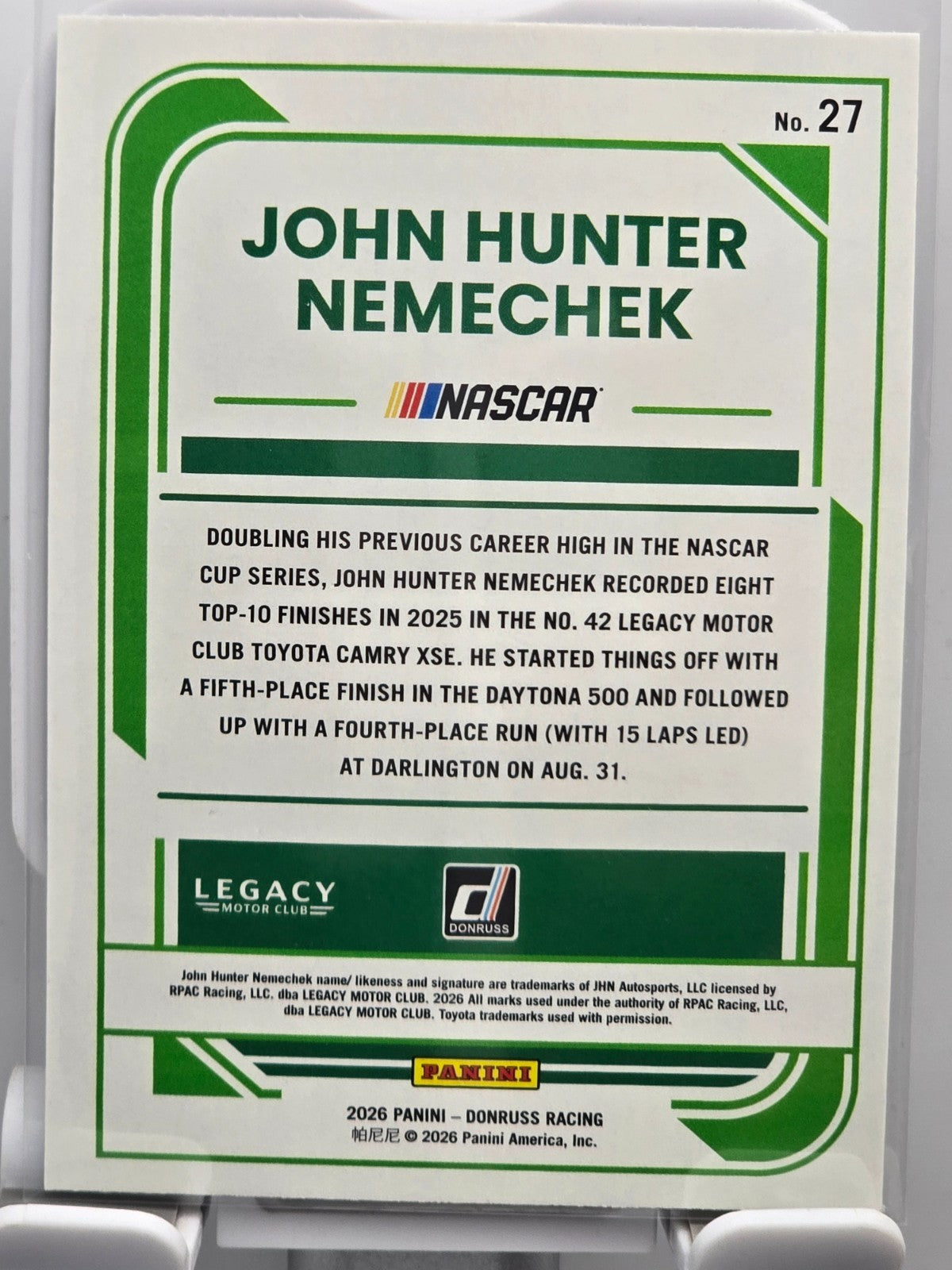 2026 Donruss NASCAR Racing - #27 John Hunter Nemechek - Laser Base SP
