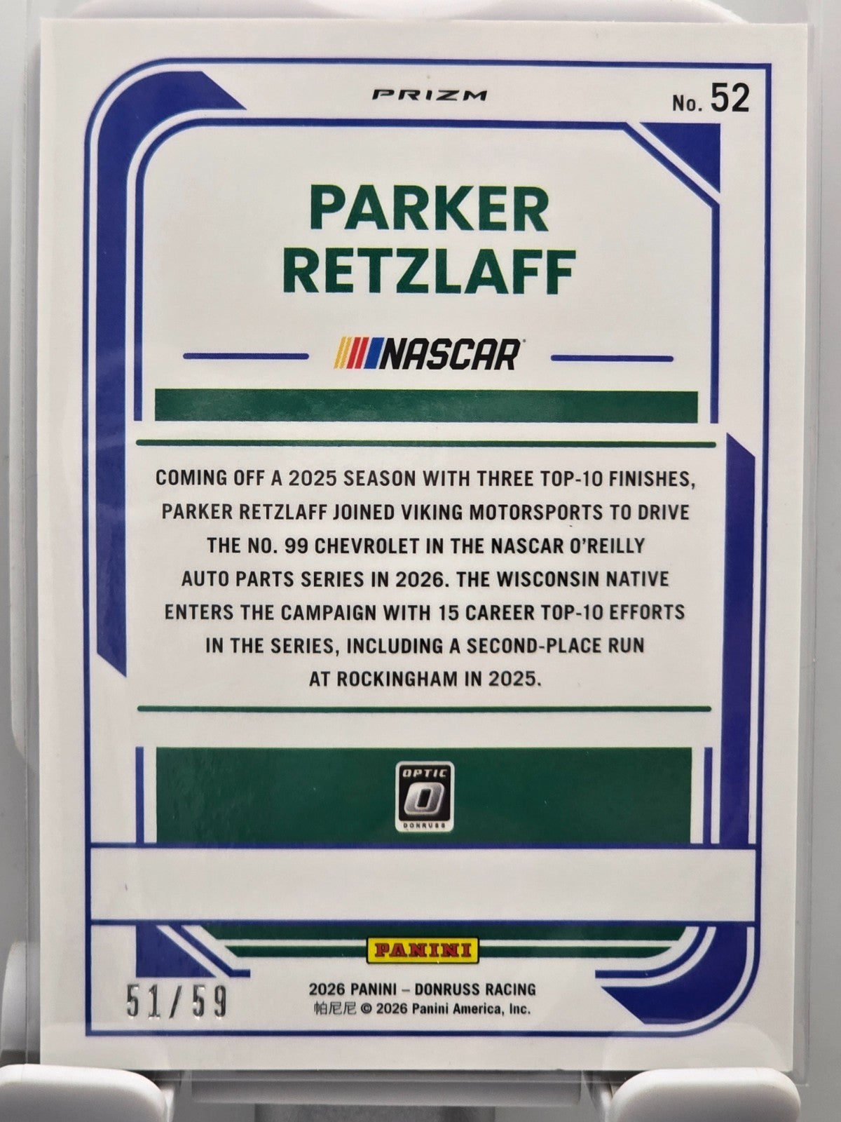 2026 Donruss OPTIC NASCAR Racing - #52 Parker Retzlaff - Purple Velocity /59
