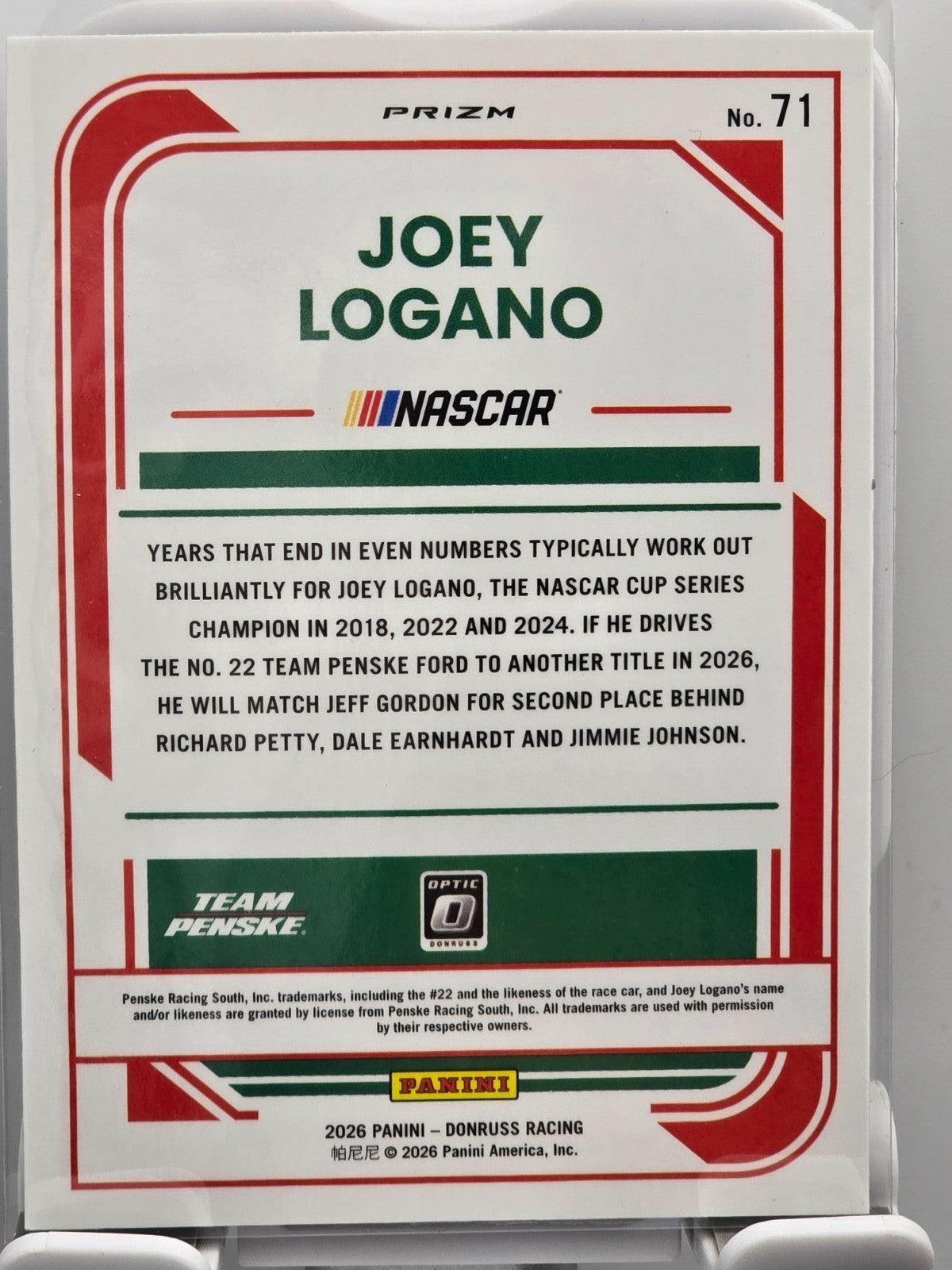 2026 Donruss NASCAR Optic Racing - #71 Joey Logano - Silver/Holo