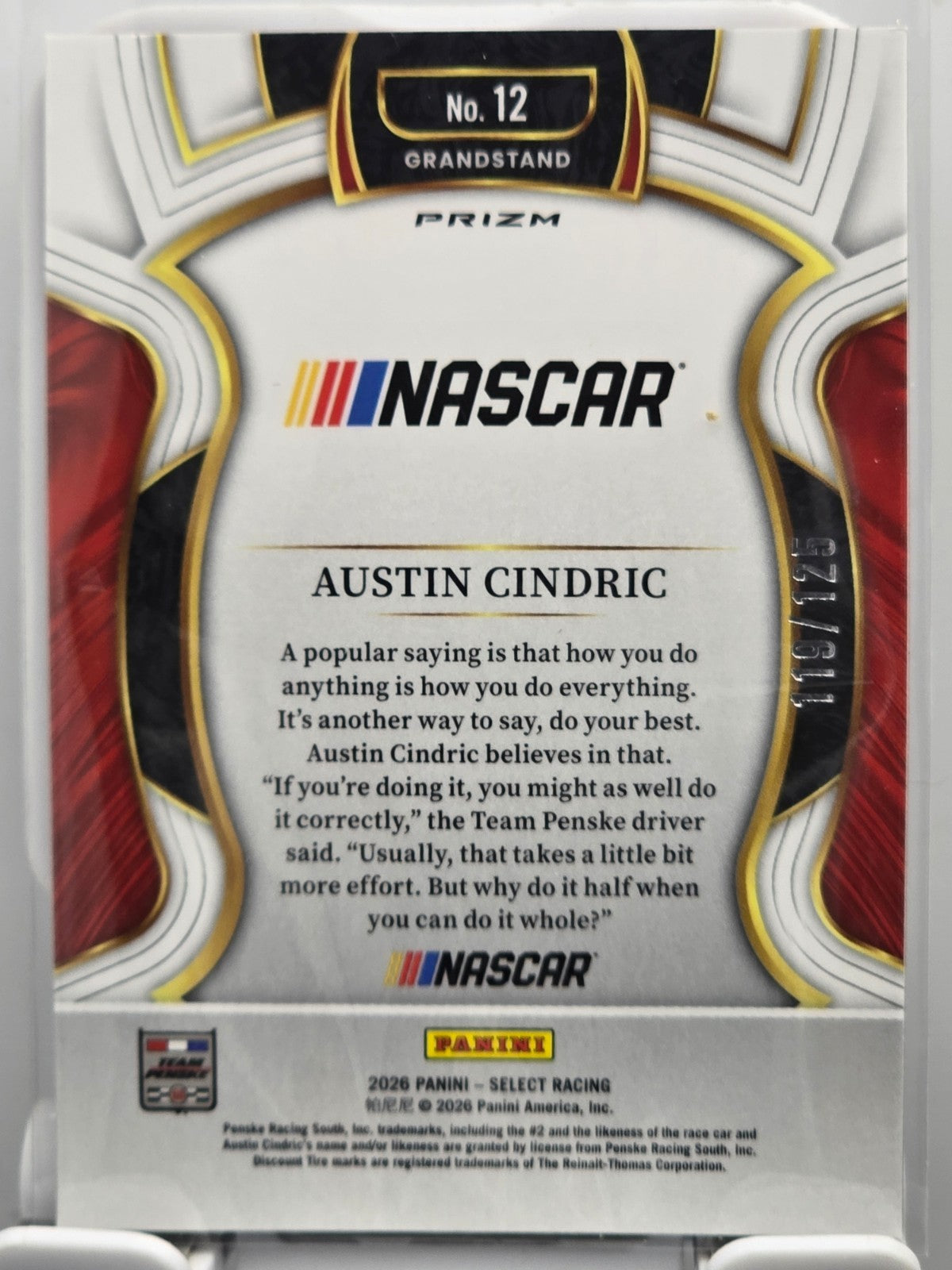 2026 Select Racing - #12 Austin Cindric - Grandstand - Red /125
