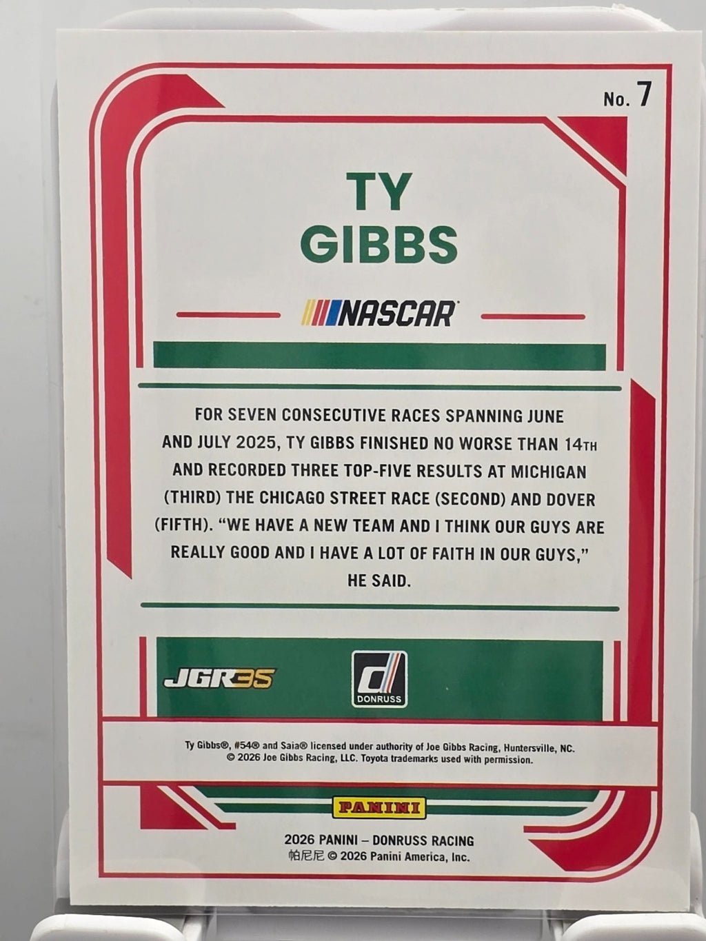 2026 Donruss NASCAR Racing - #7 Ty Gibbs - Red /299