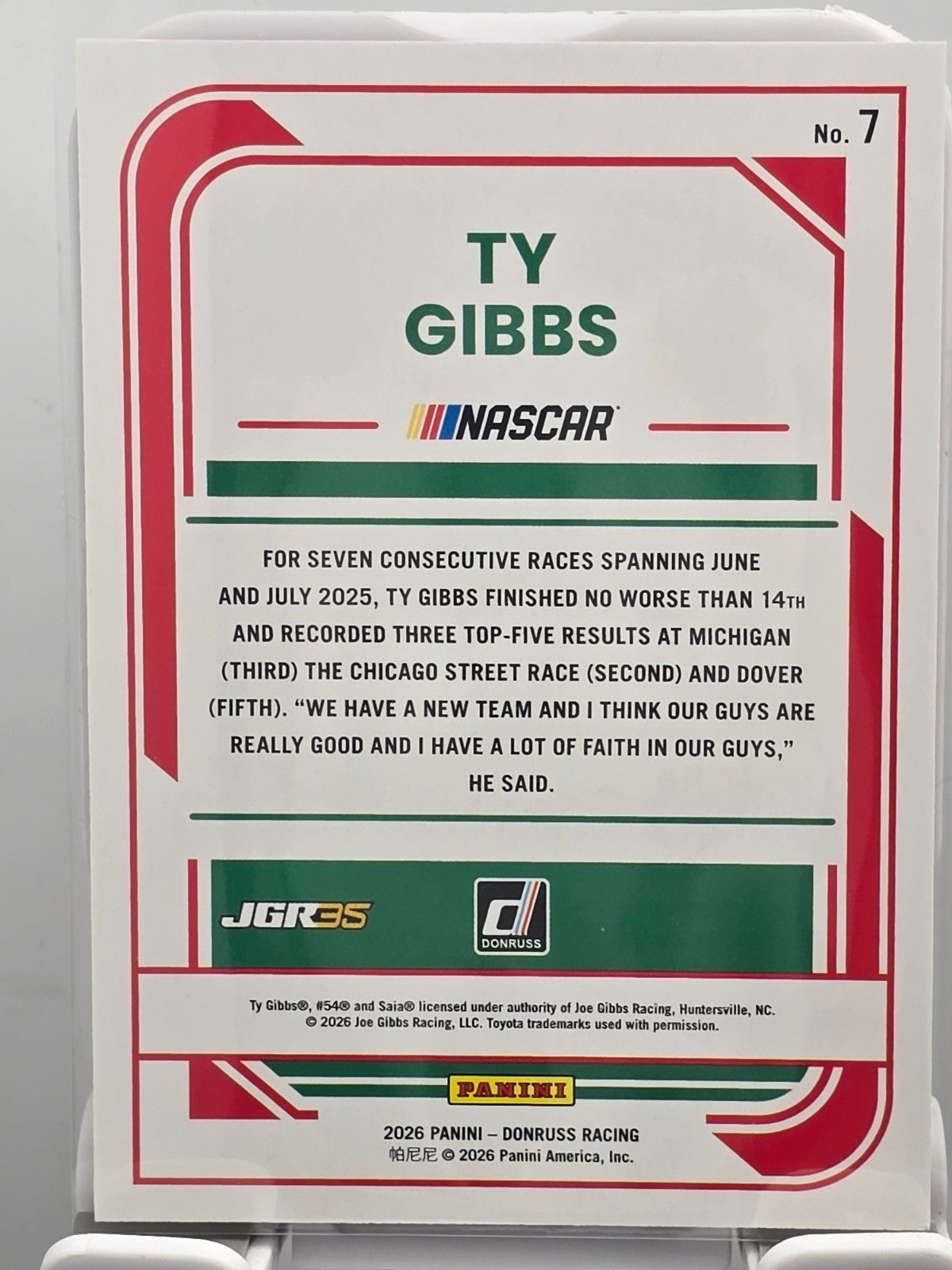 2026 Donruss NASCAR Racing - #7 Ty Gibbs - Red /299