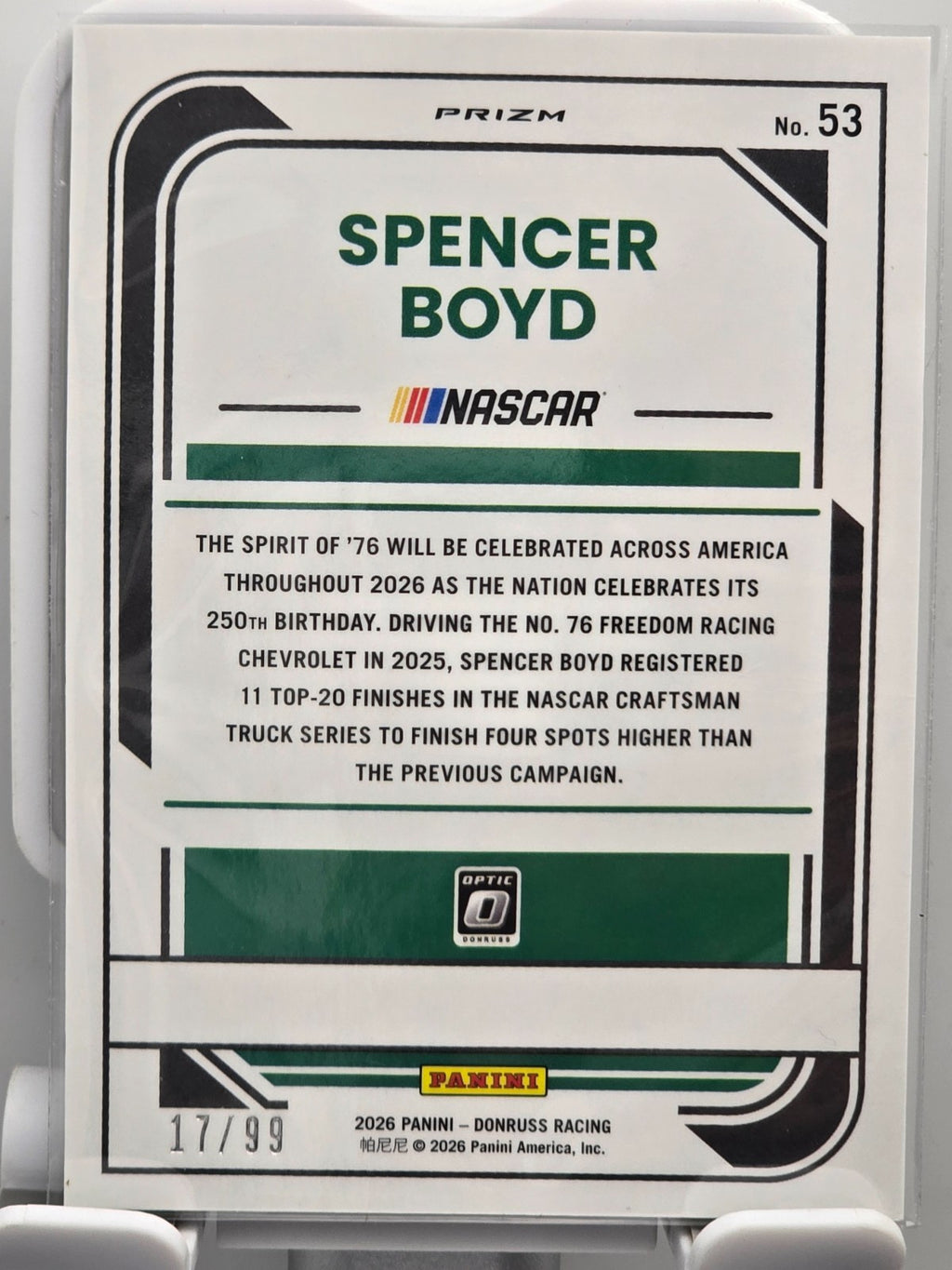 2026 Donruss OPTIC NASCAR Racing - #53 Spencer Boyd - Green Velocity /99
