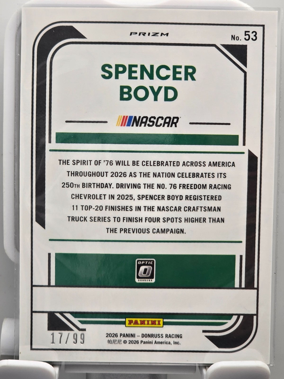 2026 Donruss OPTIC NASCAR Racing - #53 Spencer Boyd - Green Velocity /99