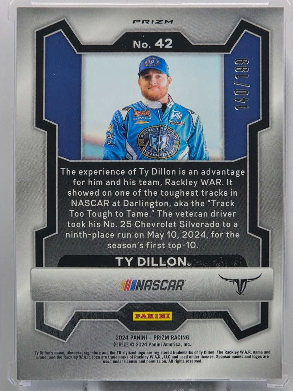 2024 Prizm Racing - Ty Dillon - Blue Prizm /199 - #42 - Buy 3 Get 1 Free!