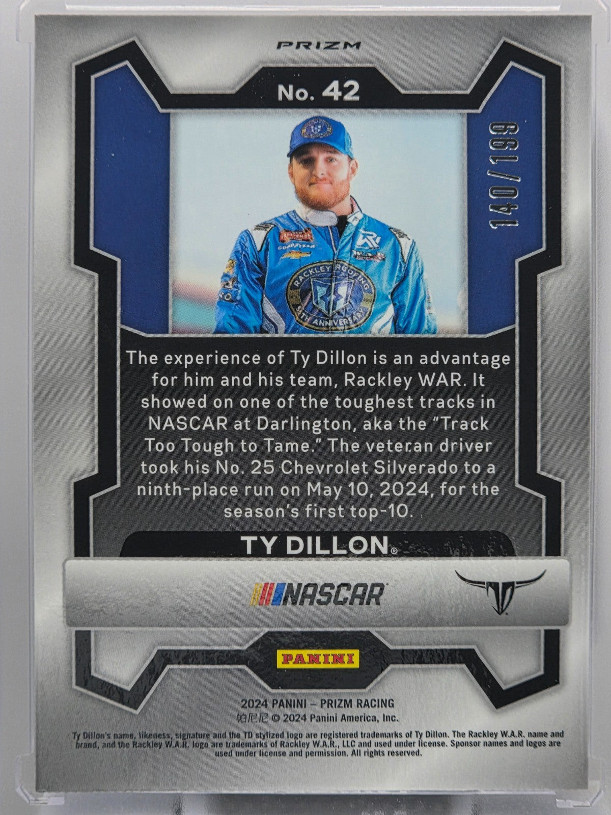 2024 Prizm Racing - Ty Dillon - Blue Prizm /199 - #42 - Buy 3 Get 1 Free!
