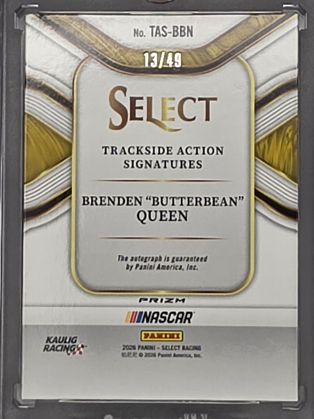 2026 Select Racing - Brenden Queen - Trackside Action Purple /49 - #TAS-BBN
