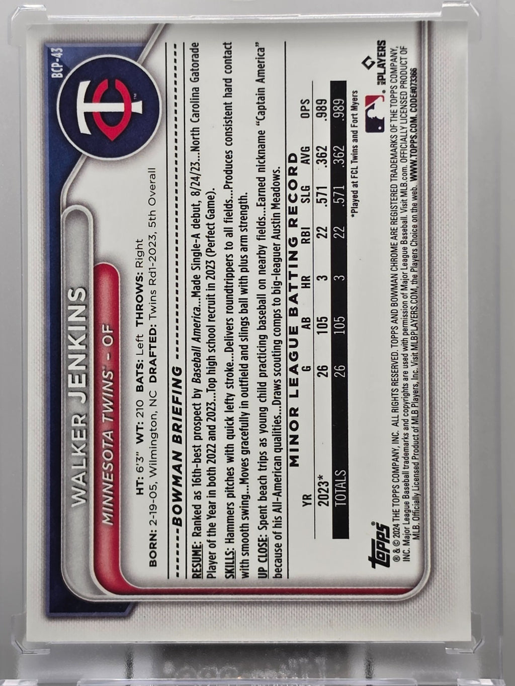2024 Bowman Chrome - Walker Jenkins  - Mojo Refractor - #BCP-43