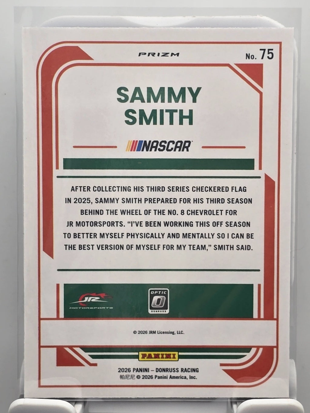 2026 Donruss OPTIC NASCAR Racing - #75 Sammy Smith - Blue Velocity