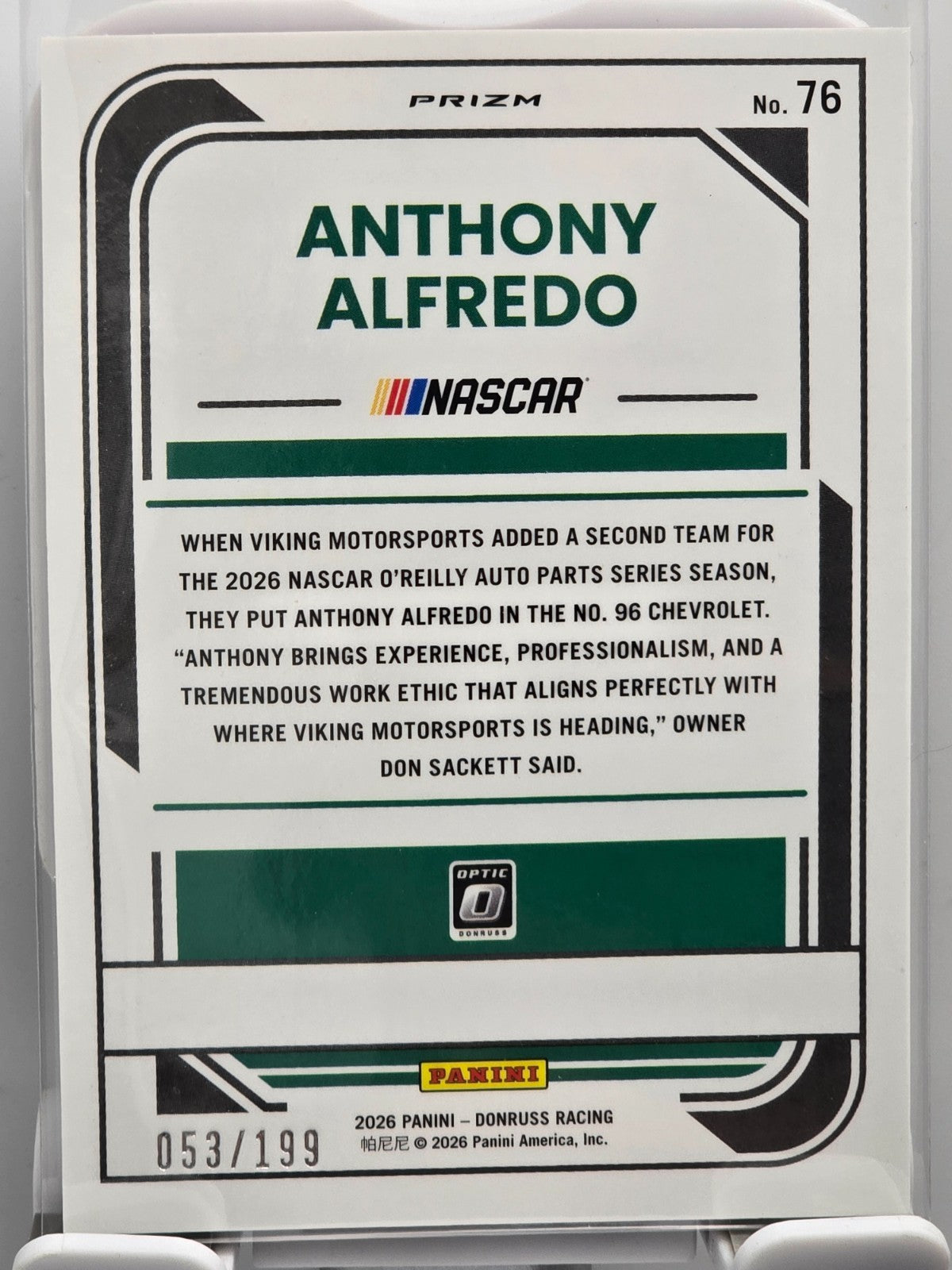 2026 Donruss NASCAR Optic Racing - #76 Anthony Alfredo - Red Velocity /199
