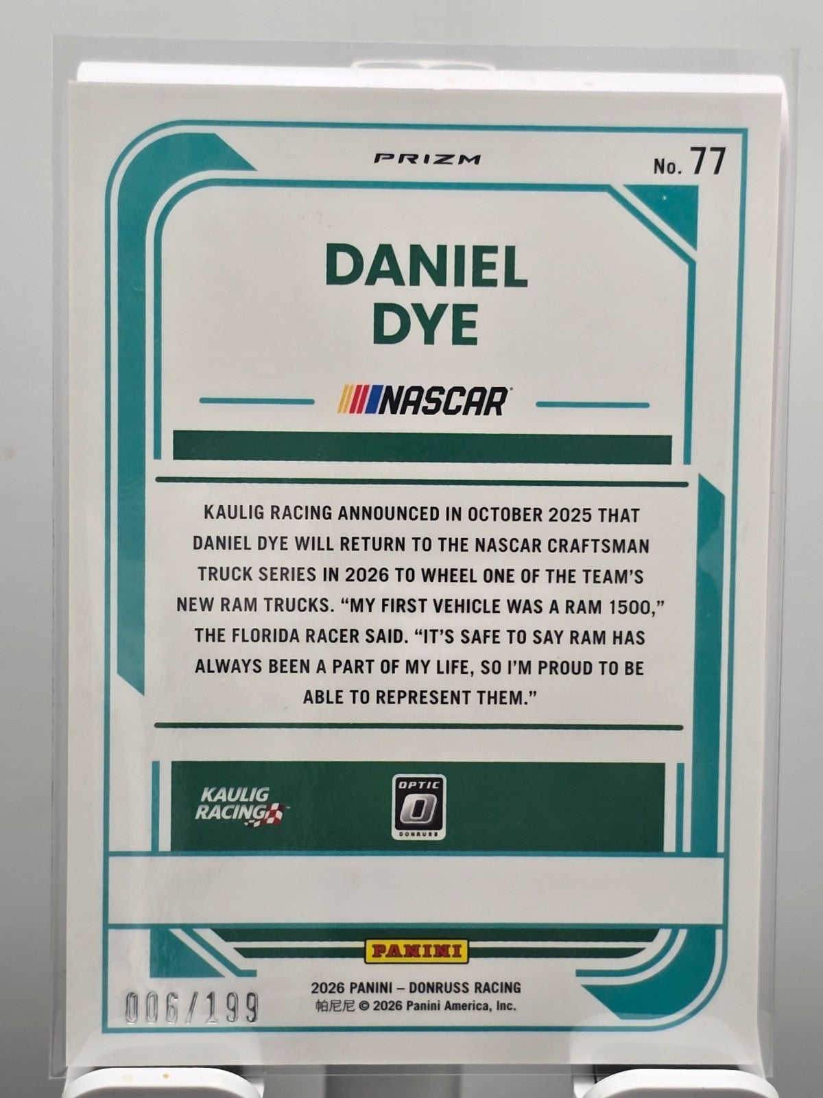 2026 Donruss NASCAR Optic Racing - #77 Daniel Dye - Red Velocity /199