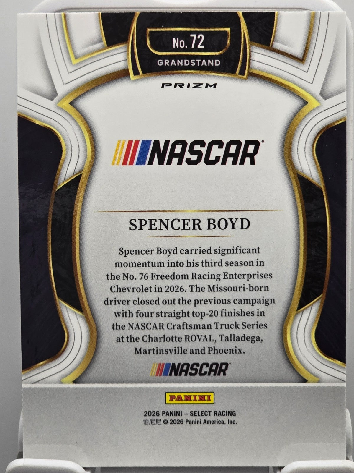 2026 Select Racing - #72 Spencer Boyd - Grandstand - Tr-Color Prizm SP