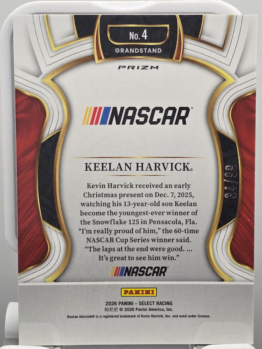 2026 Panini Select Racing - #4 Keelan Harvic (RC) - Grandstand - White /99