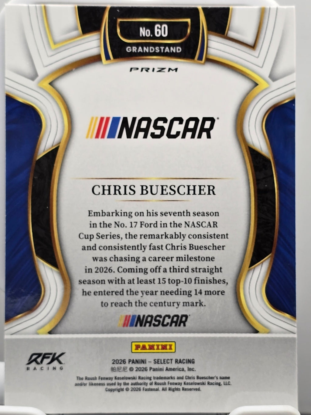 2026 Select Racing - #60 Chris Buescher - Grandstand Silver - Buy 3 Get 1 Free!