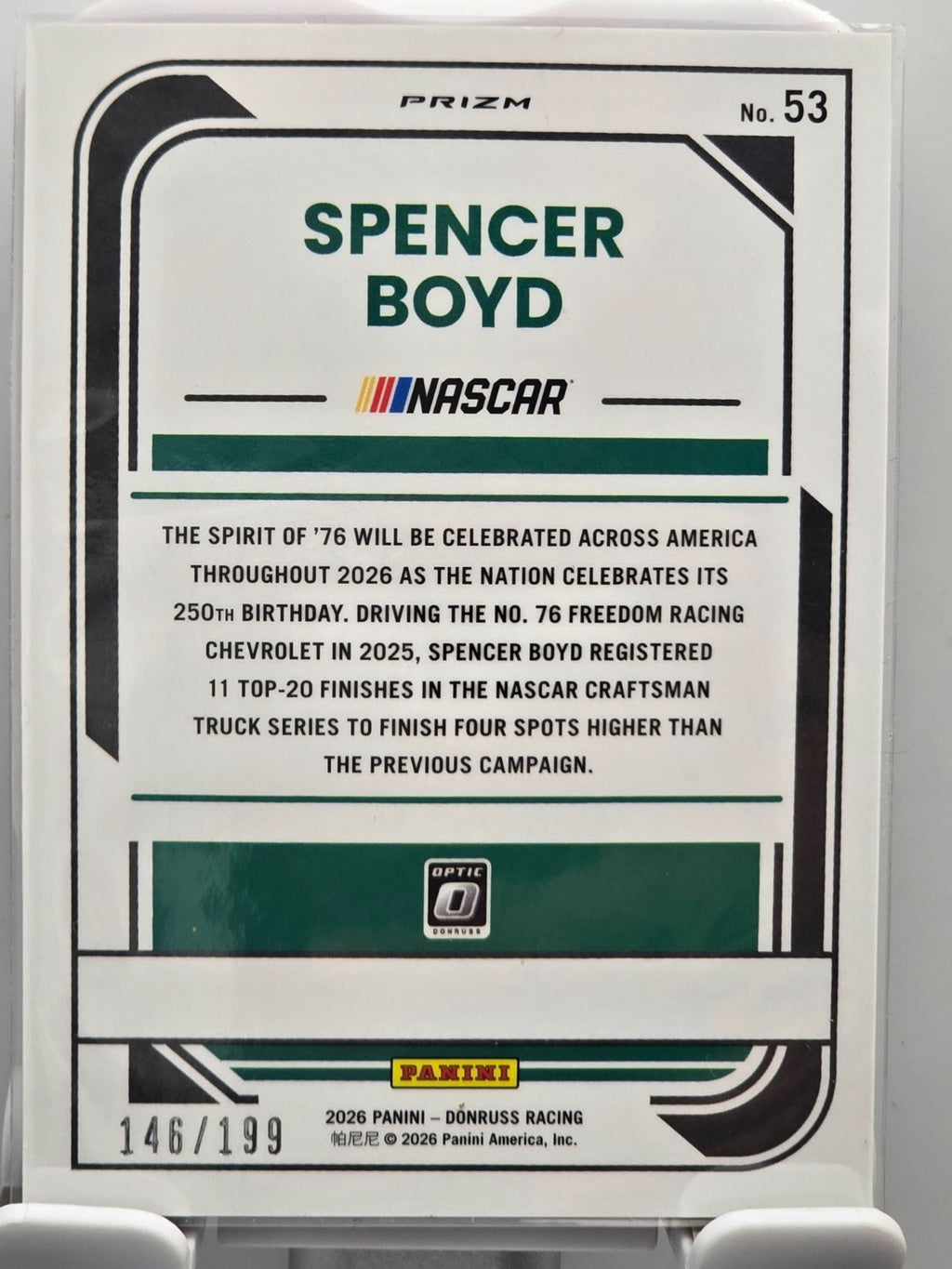 2026 Donruss OPTIC NASCAR Racing - #53 Spencer Boyd - Red Velocity /199