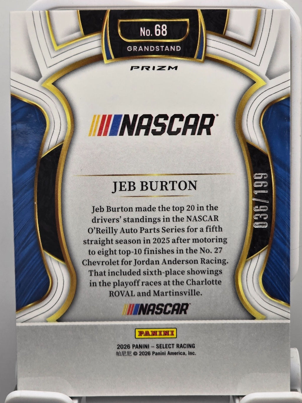 2026 Select Racing - #68 Jeb Burton - Grandstand - Carolina Blue /199
