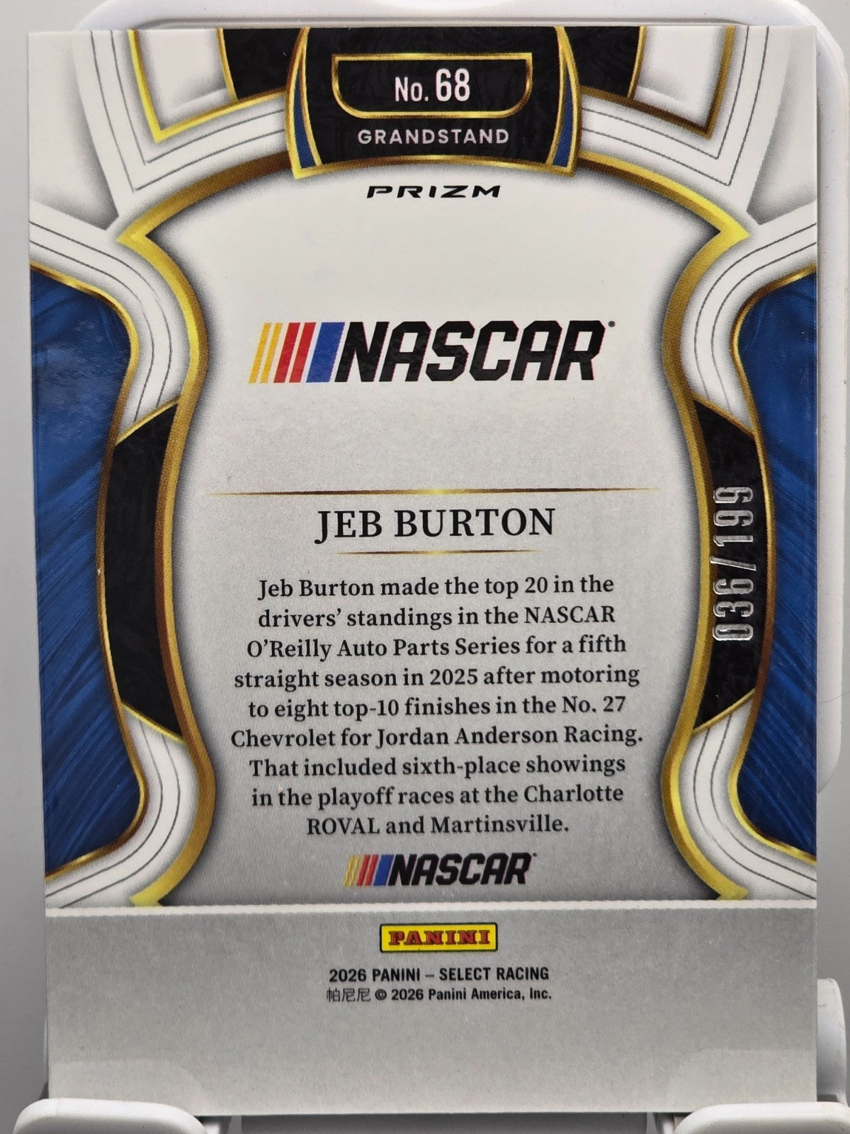 2026 Select Racing - #68 Jeb Burton - Grandstand - Carolina Blue /199